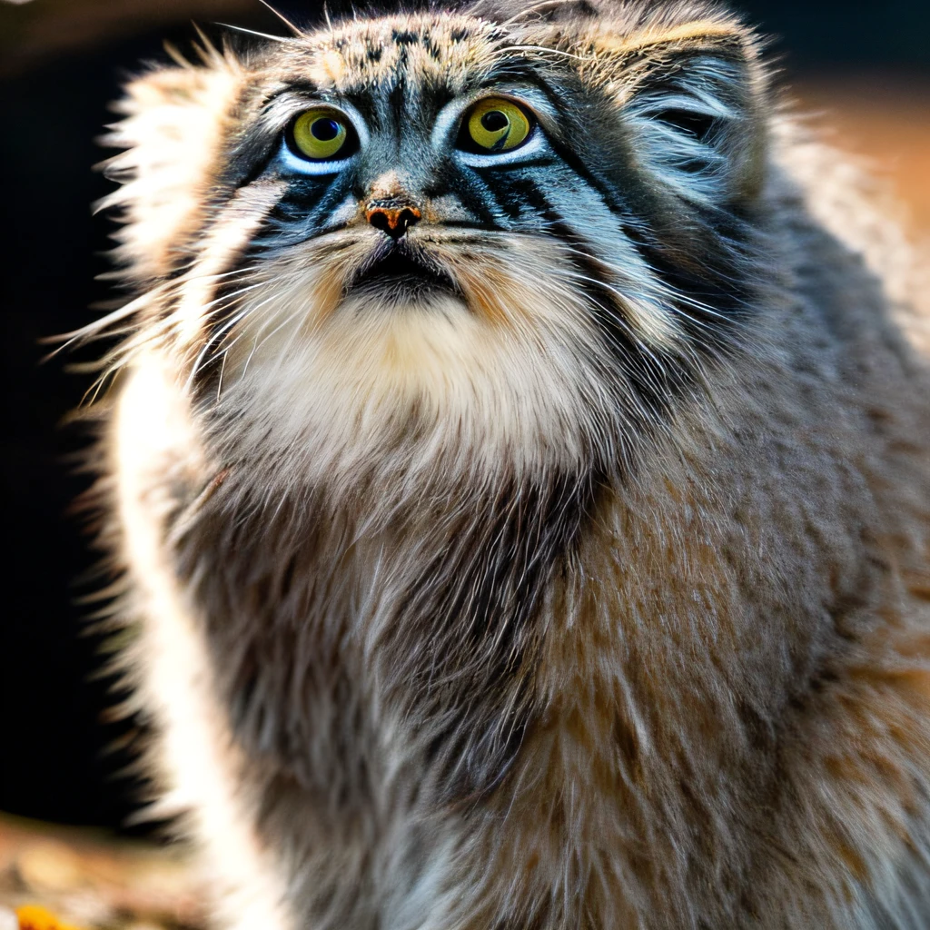 Masterpiece, best quality, manul, manulcat, pallascat, (kitten: 1.1), ferocious, backlit, dark background