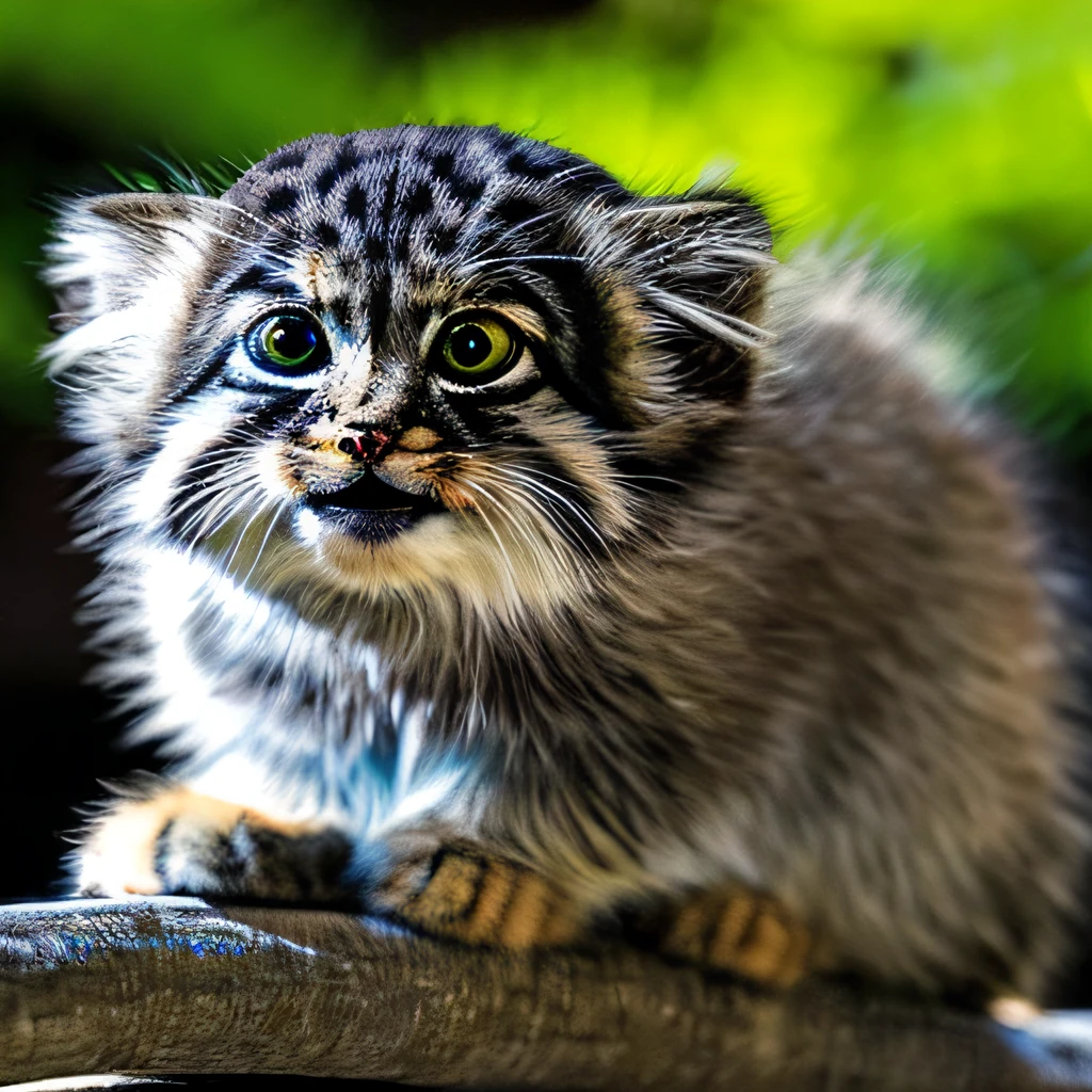 Masterpiece, best quality, manul, manulcat, pallascat, (kitten: 1.1), ferocious, backlit, dark background