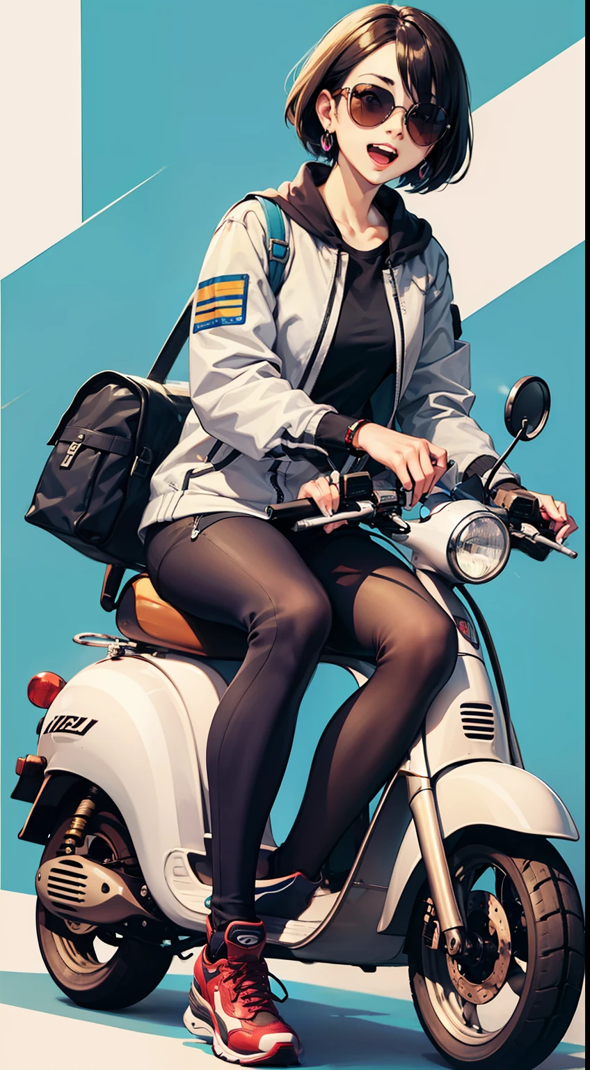 1girl, ground vehicle, solo, motor vehicle, __12-头发__, sunglasses, jewelry, pantyhose, earrings, sitting, black pantyhose, wristwatch, open mouth, shoes, watch, short hair, jacket, sneakers, smile, looking at viewer, bracelet, bangs, long sleeves, virtual youtuber, blue background, white jacket, tinted eyewear, scooter, pants, holding