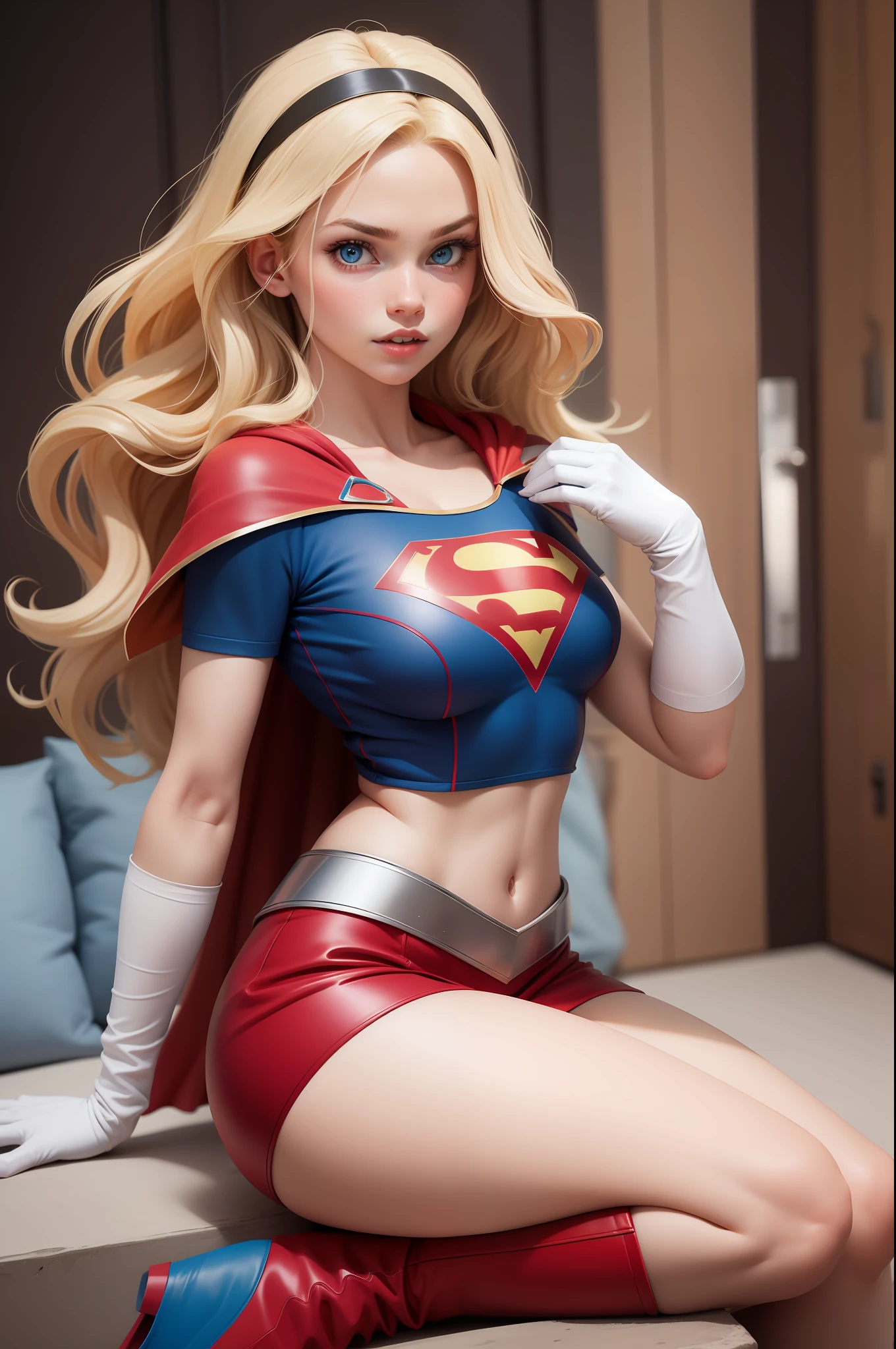 sexy Supergirl long blonde hair and blue eyes, black hairband, white croptop, short sleeves, red cape, blue pencil skirt, red boots, white gloves