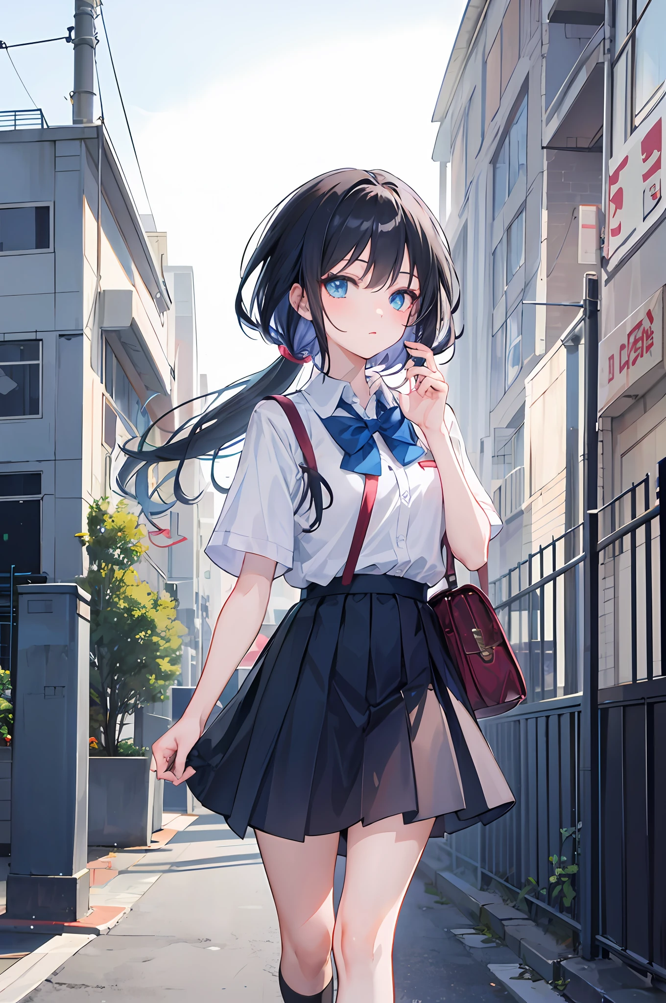 School, school gate, (1 girl: 1.5), (1 boy: 1.5), (two people: 1.5), // anime boy in black short sleeves, anime boy at school gate, // anime girl in uniform, blue eyes and handbag, beautiful anime high school girl with black hair,