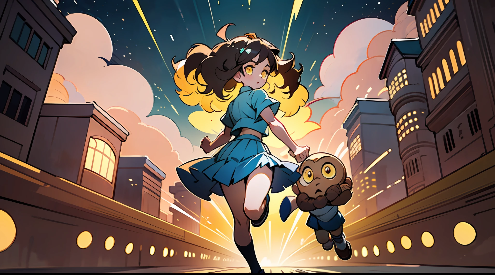 ((Masterpiece, Best Quality)), Contrast between Warm and Cold, Dark Night, Strong Light Source, Illustrations, 1 girl, sprinting towards the center of the picture with her back to each other, Full body, Behind loose curls, a ball head, brown-yellow eyes, short yellow sleeves and short blue skirt, clouds, complex architecture,