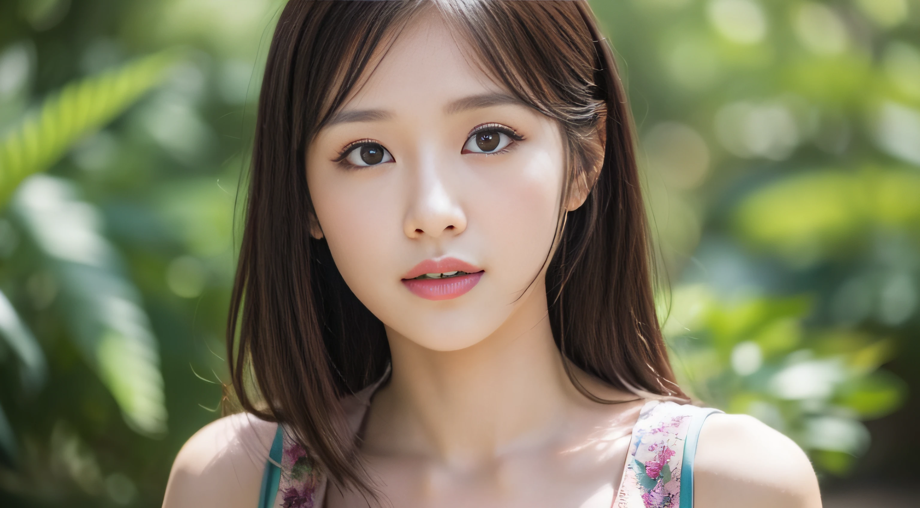Pretty Japan Woman shoulder-length hair, thin makeup, wearing a dress, in the park, clear facial features, 8K high resolution, 16:9, sharp and realistic details, from the outside, eye level shot, f/1.4.0, 135mm, Fujifilm, JPEG artifact, dithering, DVD, masterpiece