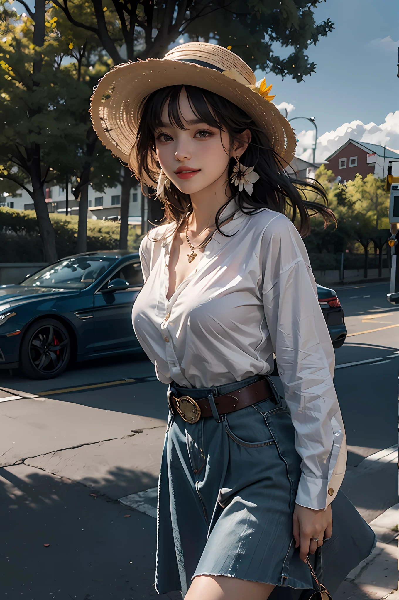 best quality, masterpiece, photo realistic, complex detail, raw photo, photon rendering, octane rendering, ridiculous, super detailed, detailed face, detailed skin, trend in artstation, 8k masterpiece, cinematic lighting, 1girl, skirt, outdoor, flower, hat, solo, jewelry, brown eyes, safflower, shirt, white shirt, necklace, belt, long sleeves, looking at the audience, pleated skirt, sky, sky, rose, blue skirt,, earrings, blue sky, bangs emanating, parted lips, red rose, hair ornament, black belt, denim shooting, blush, smile, shirt tucked in, standing, cloud, buckle, hand on tiara, collarbone, building, tree, straw hat, arm up, thigh, cross, belt buckle, sun hat, huge breasts, wind, hat flower, fluffy long sleeves, gray hair, wind lift, yellow flower, teeth, (ring finger diamond ring)