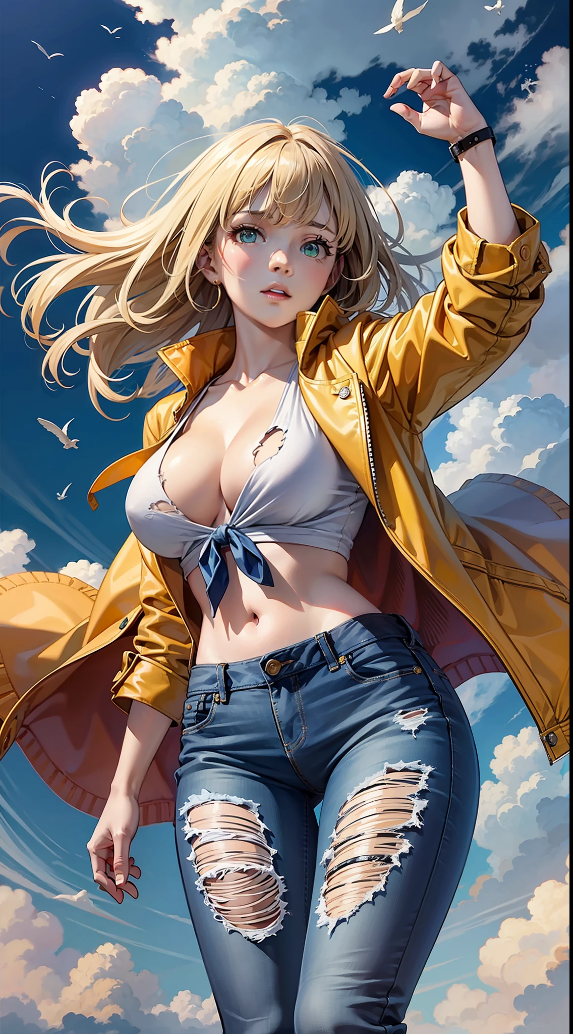 best quality, masterpiece,game cg, 8k, 1girl, solo,smooth skin,large breasts,blonde hair, green eyes,glowing eyes, floating hair,
open jacket,front-tie top, shirt, torn jeans, falling, wind,falling from sky,
blue sky, above clouds,