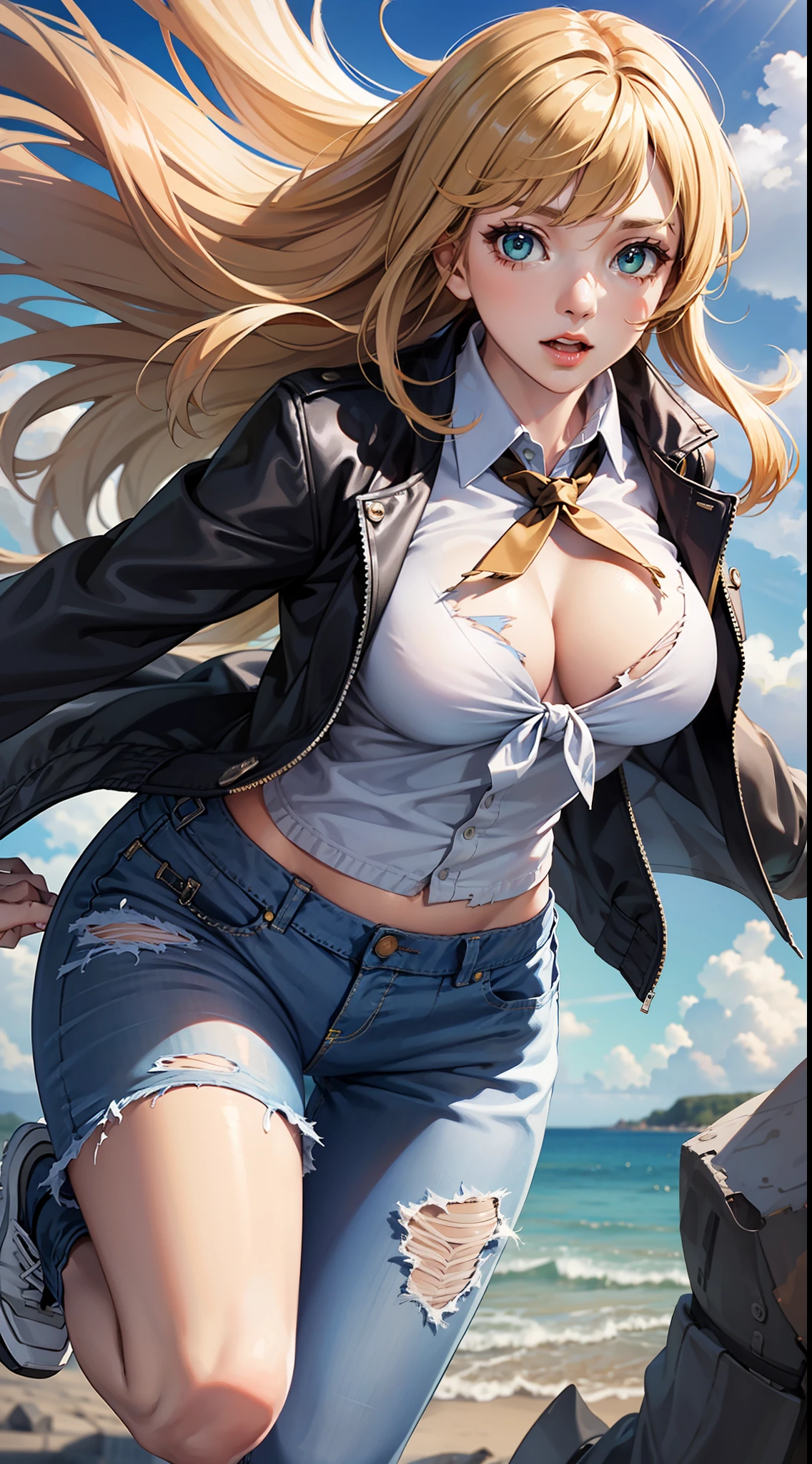 best quality, masterpiece,game cg, 8k, 1girl, solo,smooth skin,large breasts,blonde hair, green eyes,glowing eyes, floating hair,
open jacket,front-tie top, shirt, torn jeans, falling, wind,falling from sky,
blue sky, above clouds,