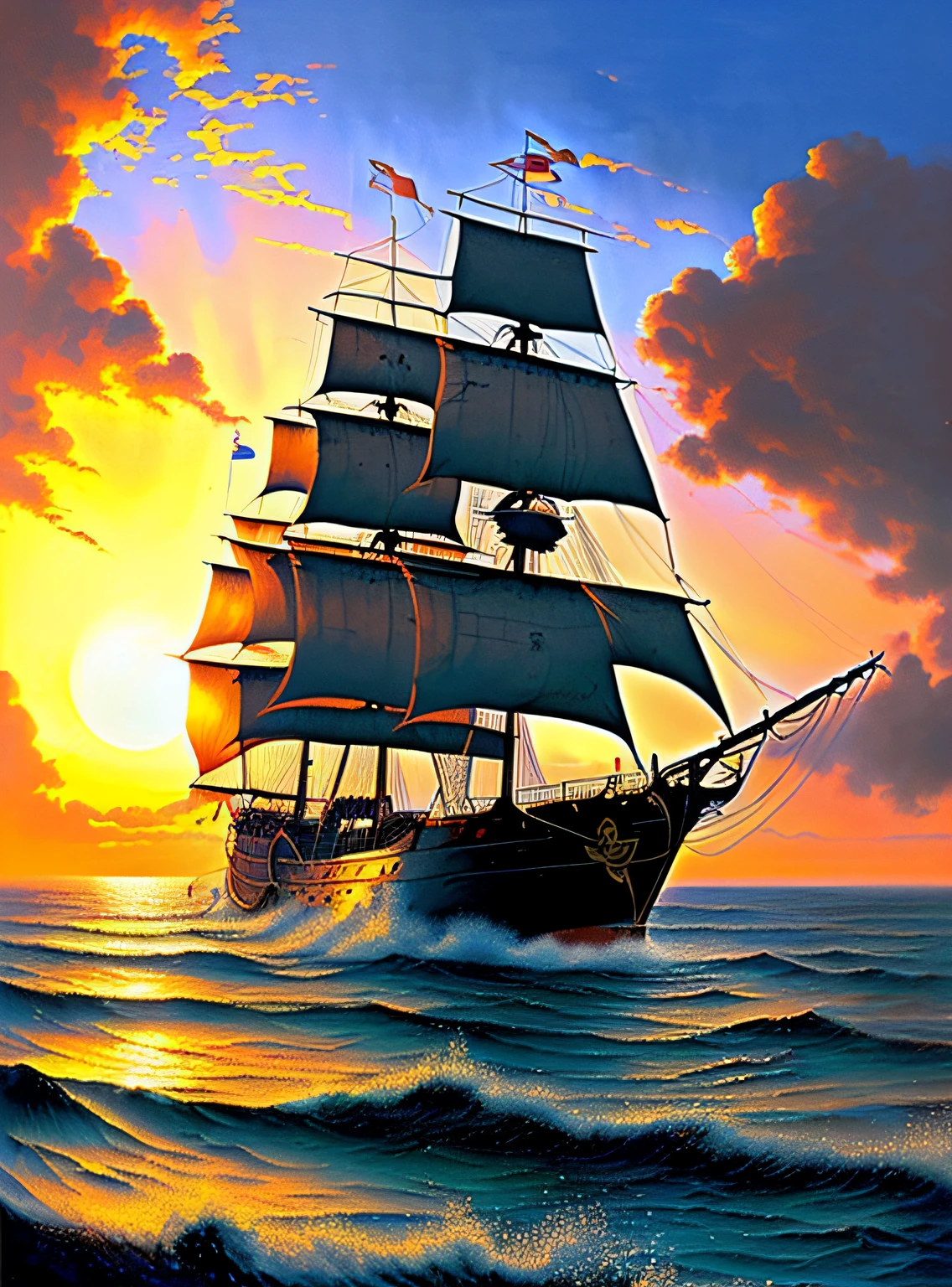 painting of a ship in the ocean with a sunset in the background, detailed cover artwork, amazing wallpaper, pirate ship, old pirate ship, gothic ship on ocean, 4k highly detailed digital art, burning ships, inspired by gaston bussiere, by Roman Bezpalkiv, detailed painting 4 k, by Arthur Pan, by Aleksander Gine