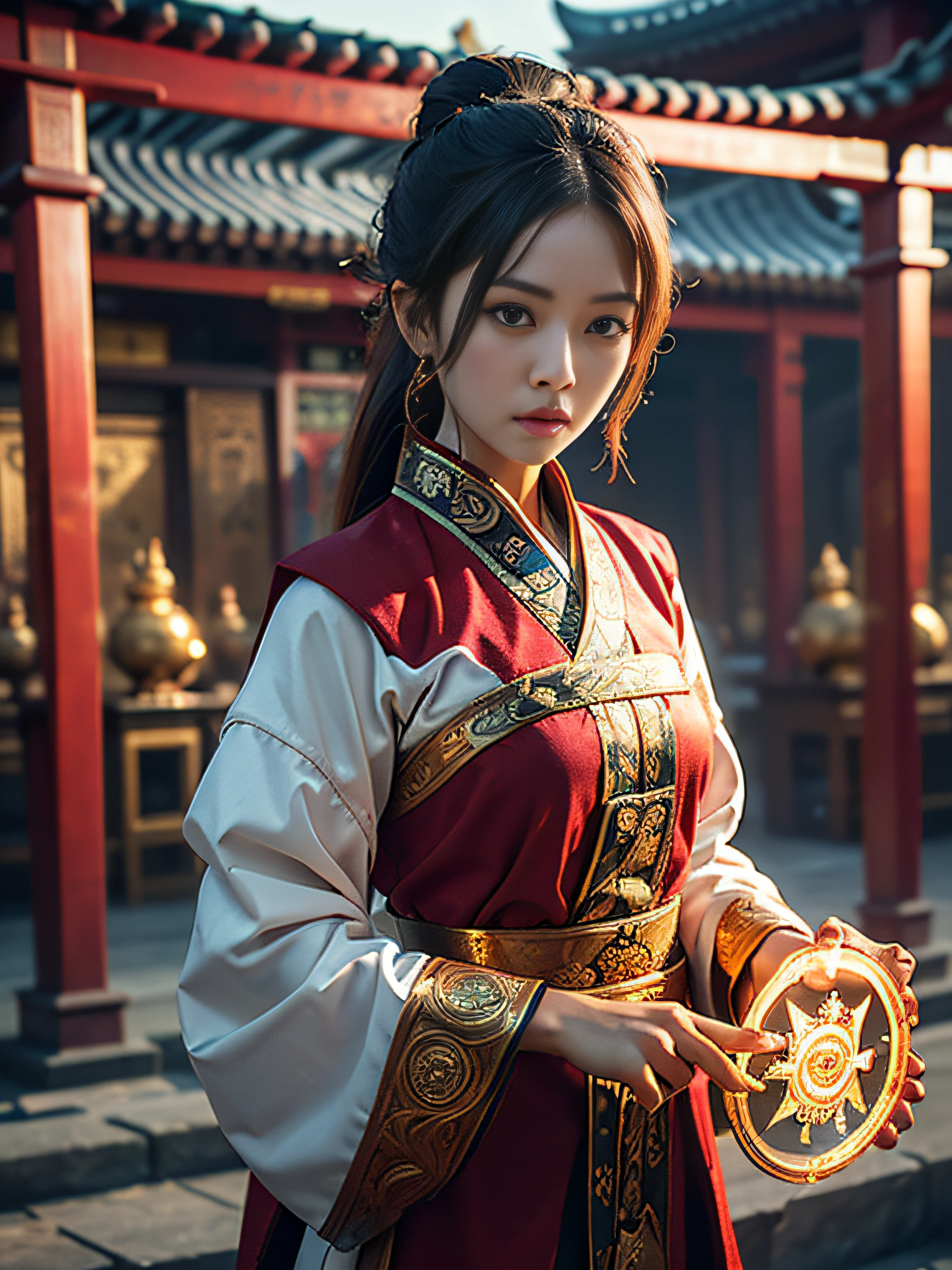 Best Quality, Masterpiece, Ultra High Resolution, (Realistic: 1.4), Xiuxian, Weapon, Detail Face,
1 girl, red clothes, solo, weapon, (magic circle: 1.2), Xiuxian, upper body, beautiful girl, half, East Asian architecture, sheath, construction,