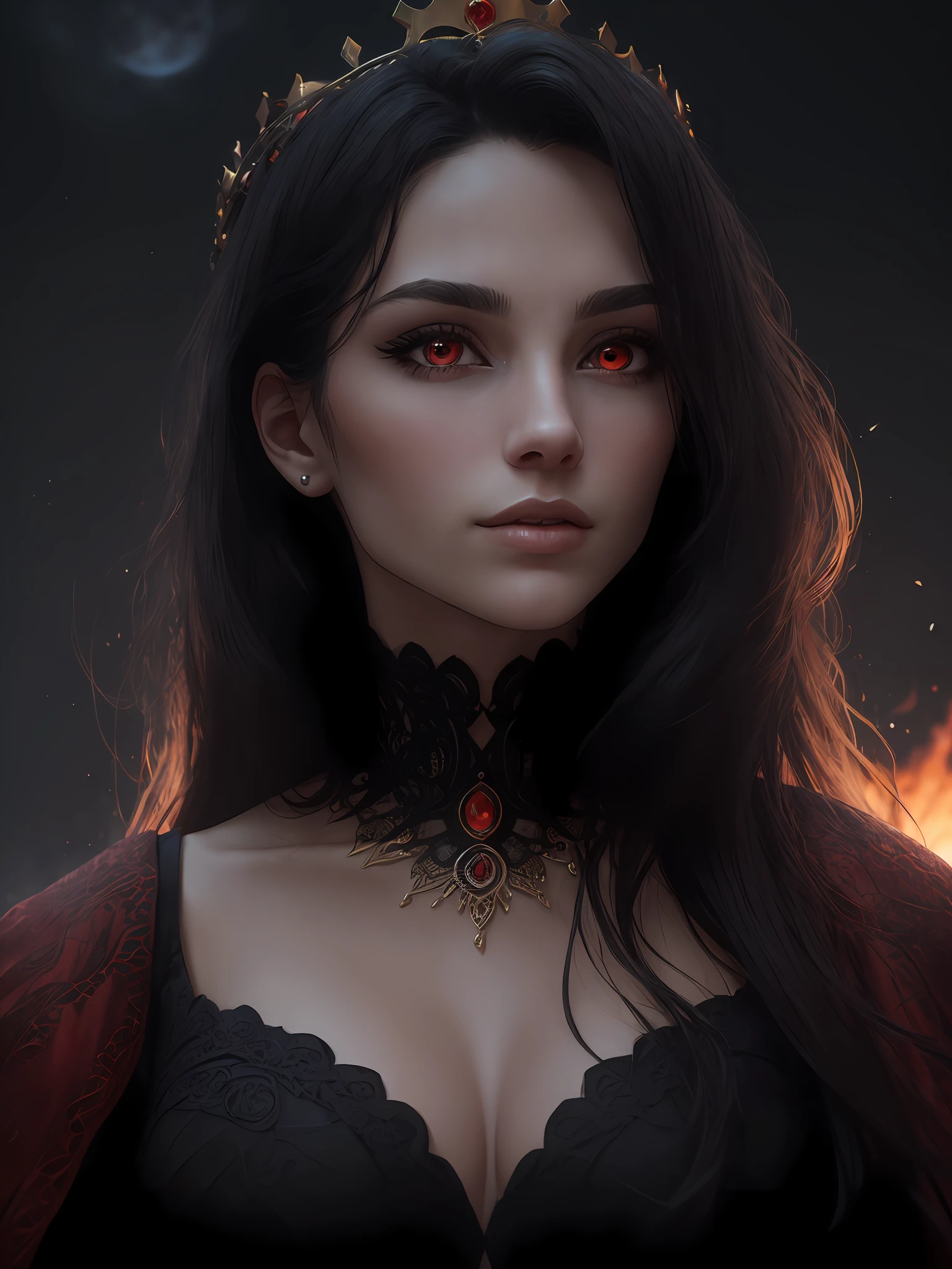 (professional portrait of a beautiful black woman: 1.3), (highly detailed face and eyes: 1.3), (supernova flame explosion, fire corona, flame halo: 1.5), (beautiful face: 1.3), (crown made of daggers: 1.3), arrogant expression, highly detailed hair, (red eyes: 1.3), long straight black hair, fleshy lips, attractive features, delicate chin, intricate layered gothic black dress, (best quality, masterpiece, RAW photo, 8k: 1.2), (intricate detail, highly detailed, insane detail: 1.2), (natural lighting, firelight, dark shadows, crimson light: 1.2), (black and red night sky, mist and mist, haunted castle scenery: 1.1), (red large blood moon background:1.1), solo, 1girl, fantasy style, concept art, sharp focus, bokeh, (ultra high resolution, ultra high resolution:1.2), (photorealistic, ultrarealistic, hyperrealistic:1.2), smooth contour, professional photography, artistic photography, rule of thirds, macro photography, HDR, Chiaroscuro, unreal engine 5, ue5, trend in artstation, award-winning, (centered, wide-angle, close-up, panoramic, upper-body focus, straight in sight:1.2)