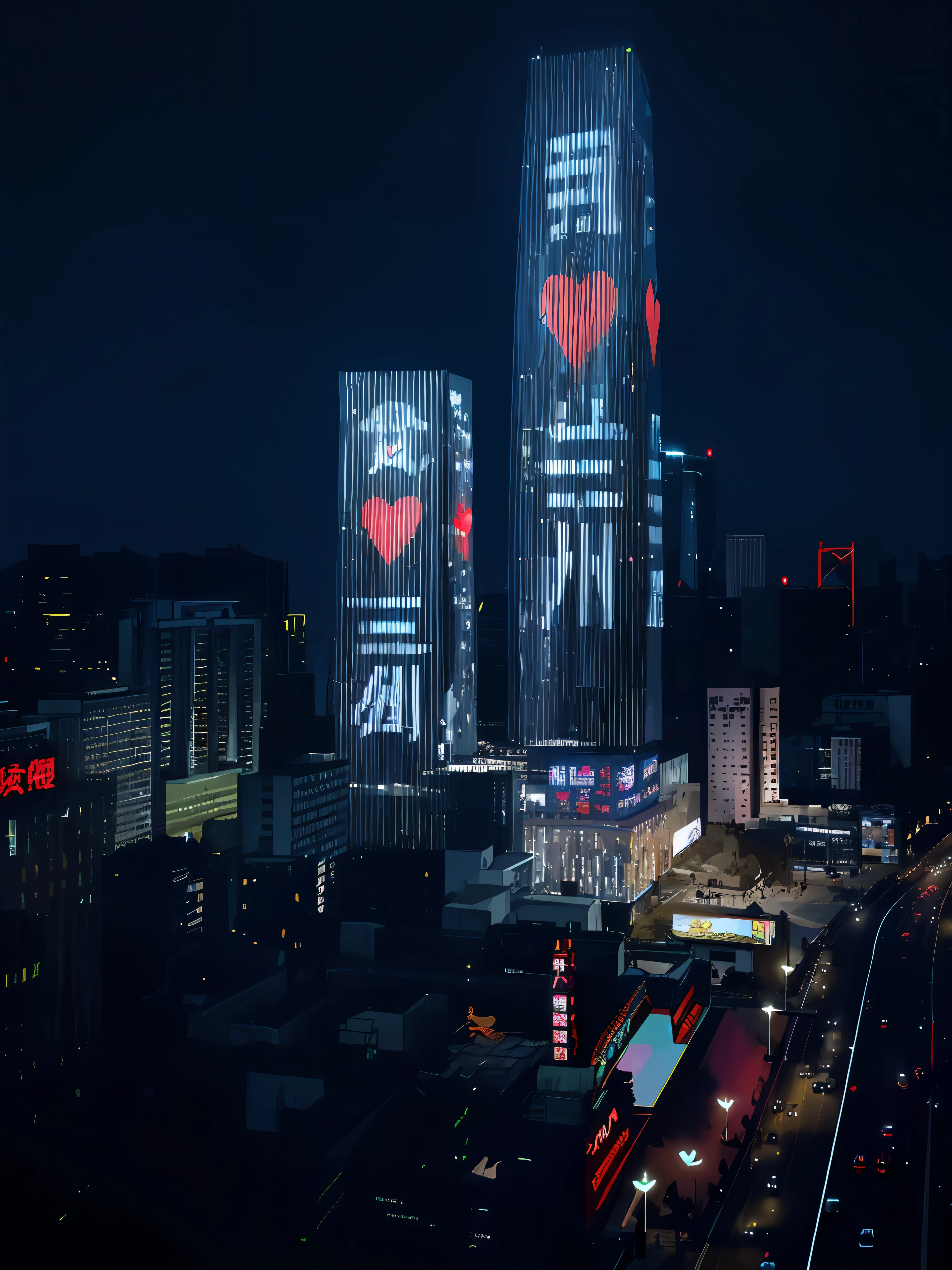 there are two skyscrapers with a heart on them in the city, projection mapping, overlaid with chinese adverts, giant red led screens, giant led screens, shenzhen, beijing, sha xi, lu ji, inspired by Cheng Jiasui, large commercial led screens, inspired by Zhang Xiaogang, neon city in the background, large led screens