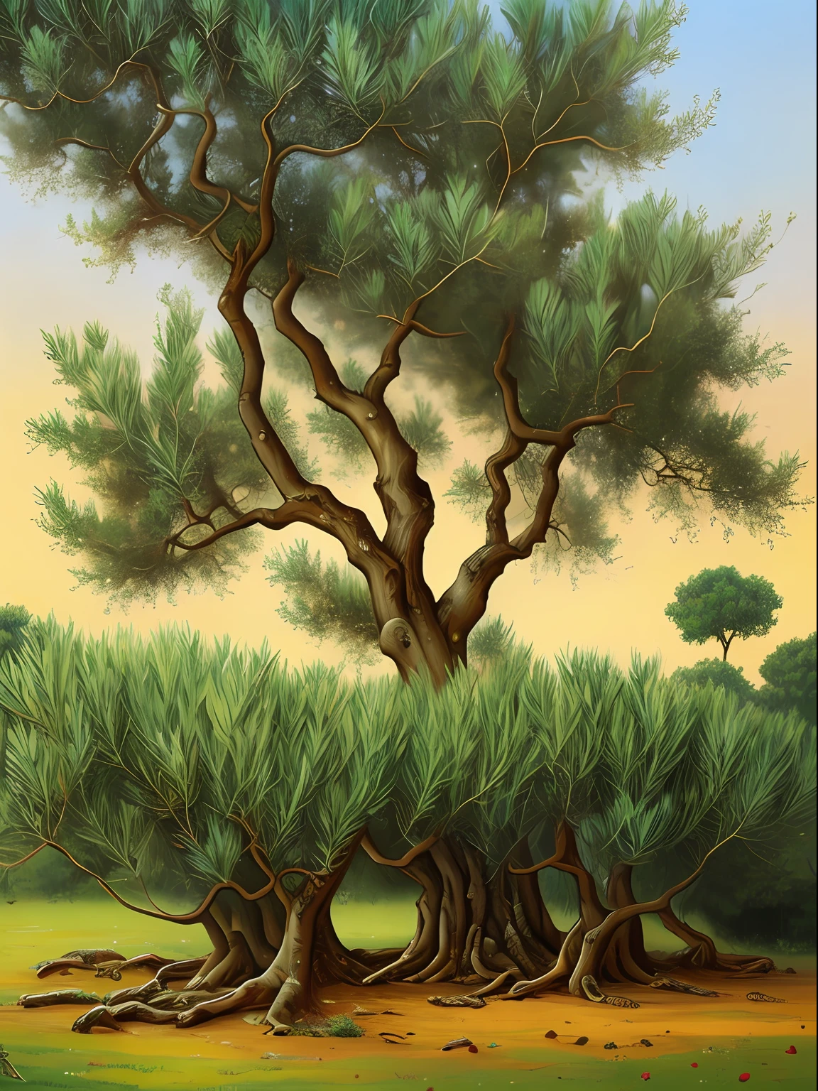 A painting of an olive tree canopy with leaves and fruit on a blurred white background, in the style of jon j muth, panoramic scale, organic forms, muted tones, zhang kechun, intricate foliage, ultrafine detail, carolyn blish
