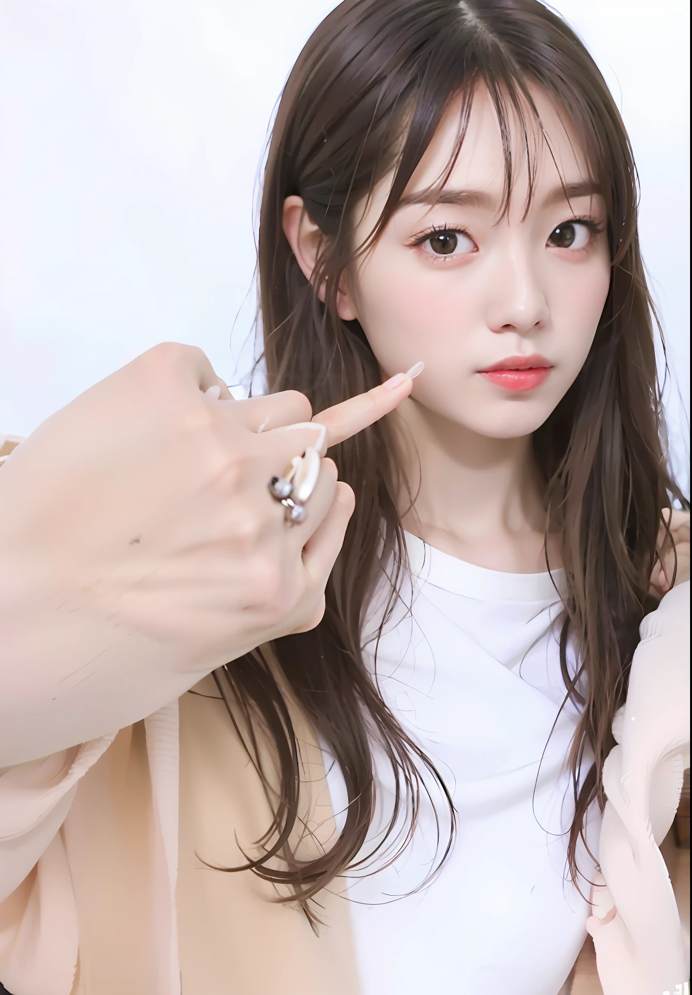 a close up of a person pointing at a finger on a white background, ulzzang, with cute - fine - face, girl cute-fine-face, cute natural anime face, wan adorable korean face, kawaii realistic portrait, cute - fine - face, cute-fine-face, lalisa manobal, sakimichan, sakimi chan