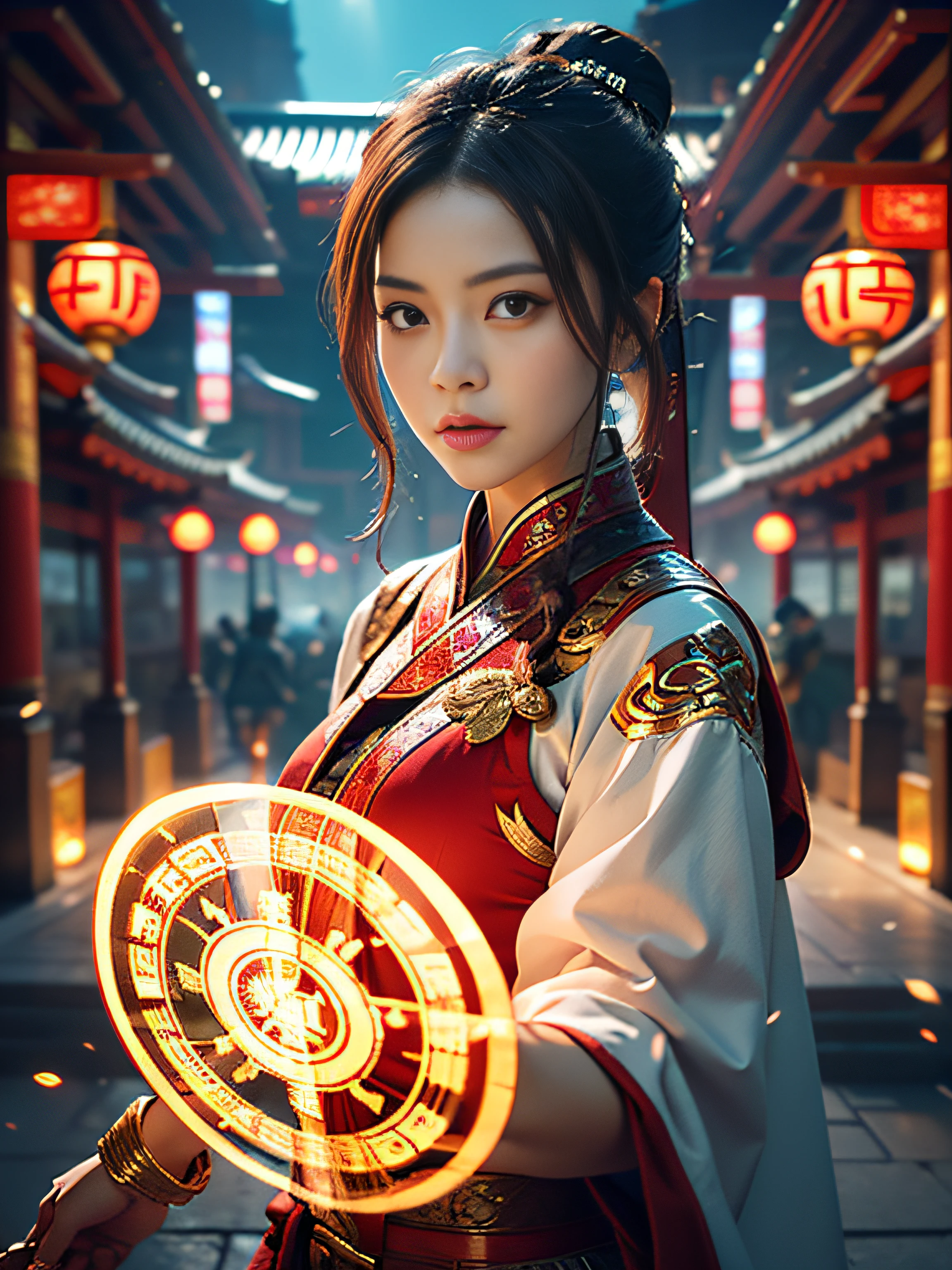 Best Quality, Masterpiece, Ultra High Resolution, (Realistic: 1.4), Xiuxian, Weapon, Detail Face,
1 girl, red clothes, solo, weapon, (magic circle: 1.2), Xiuxian, upper body, beautiful girl, half, East Asian architecture, sheath, construction,