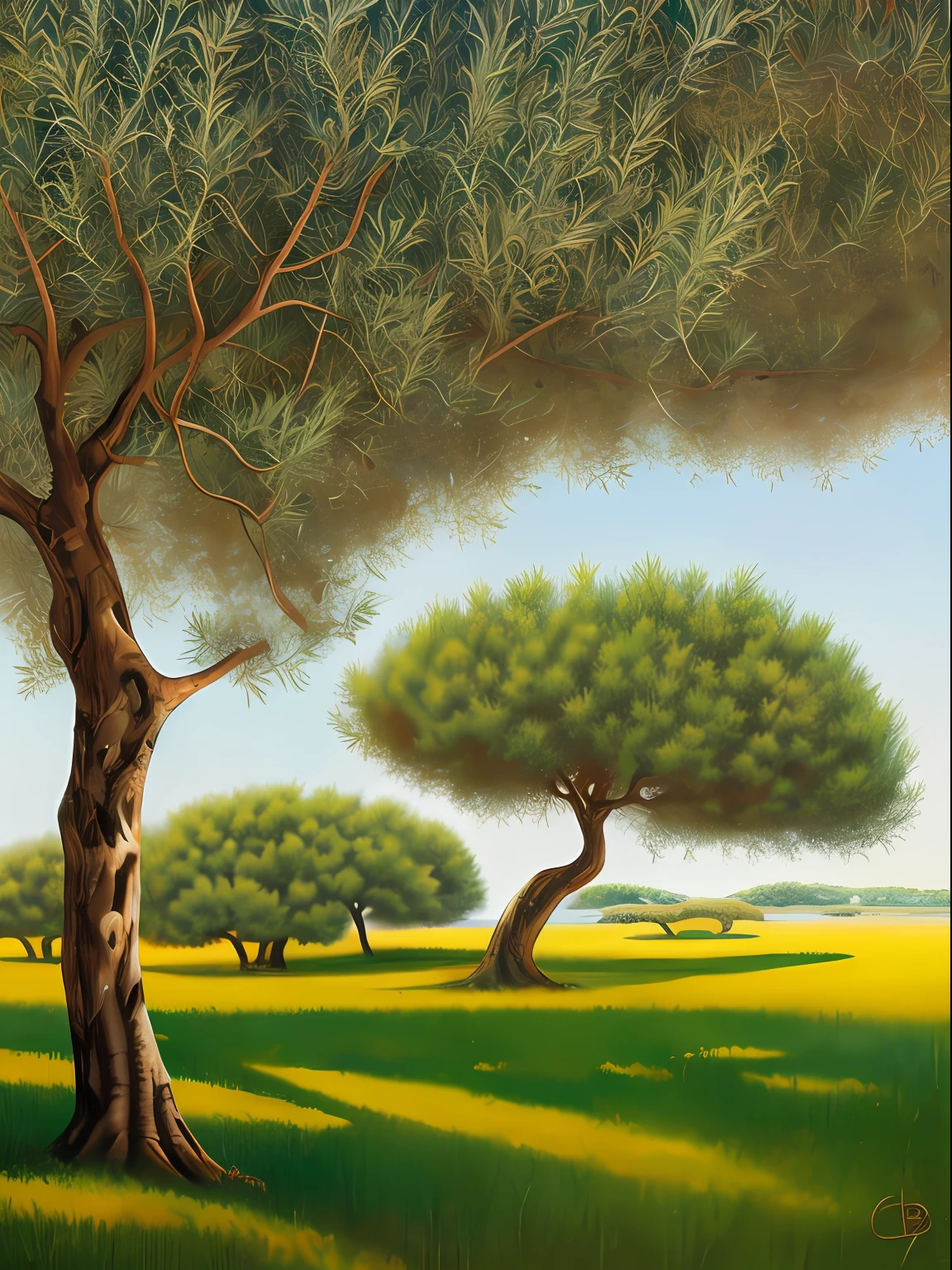 A painting of an olive tree canopy with leaves and fruit on a blurred white background, in the style of jon j muth, panoramic scale, organic forms, muted tones, zhang kechun, intricate foliage, ultrafine detail, carolyn blish