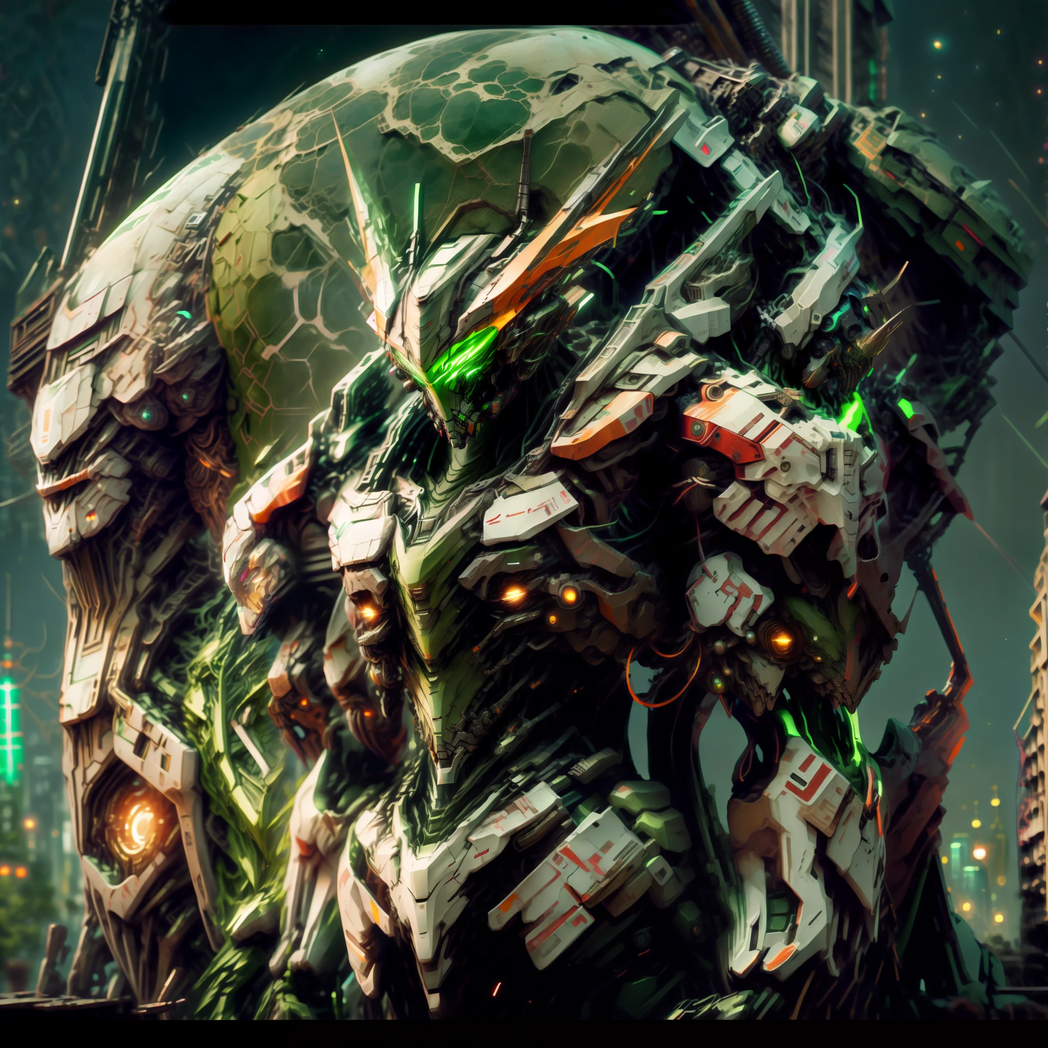 On the moon,barren planets, ruins, holding_weapon, no_humans, glowing, robot, building, glowing_eyes,green mecha, science_fiction, realistic,mecha,Milky Way Galaxy background,neon,cyberpunk,