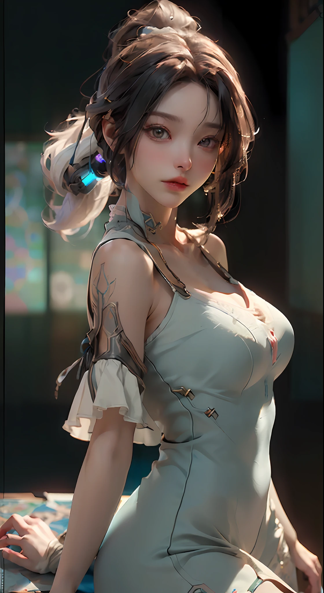 (Best Quality), ((Masterpiece), (Detail: 1.4), 3D, A Beautiful Cyberpunk Woman, HDR (High Dynamic Range), Ray Tracing, NVIDIA RTX, Super-Resolution, Unreal 5, Subsurface Scattering, PBR Textures, Post-Processing, Anisotropic Filtering, Depth of Field, Maximum Sharpness and Clarity, Multi-layer Textures, Albedo and Highlight Maps, Surface Shading, Precise simulation of light-material interactions, perfect proportions, Octane Render, two-color light, large aperture, low ISO, white balance, rule of thirds, 8K RAW, big breasts