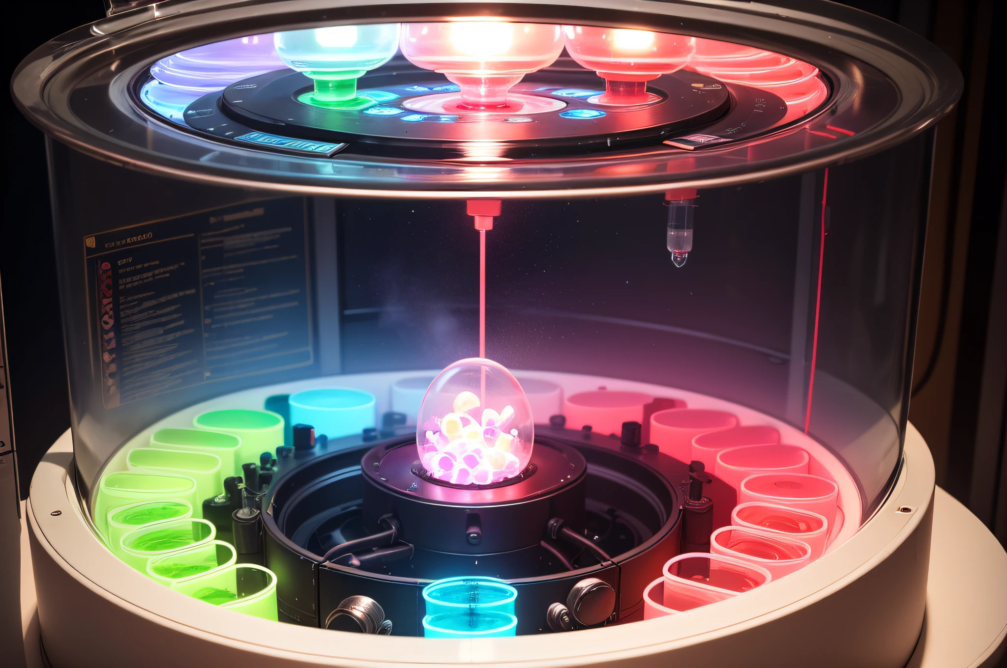 ((photo)), ((best quality)), ((masterpiece)), ((detailed)), a science laboratory with medical equipment and bright white led overhead light, looking down into a round embryo storage freezer with hundreds of glowing neon red vials in an evenly spaced array covered in liquid nitrogen ice vapor or mist.