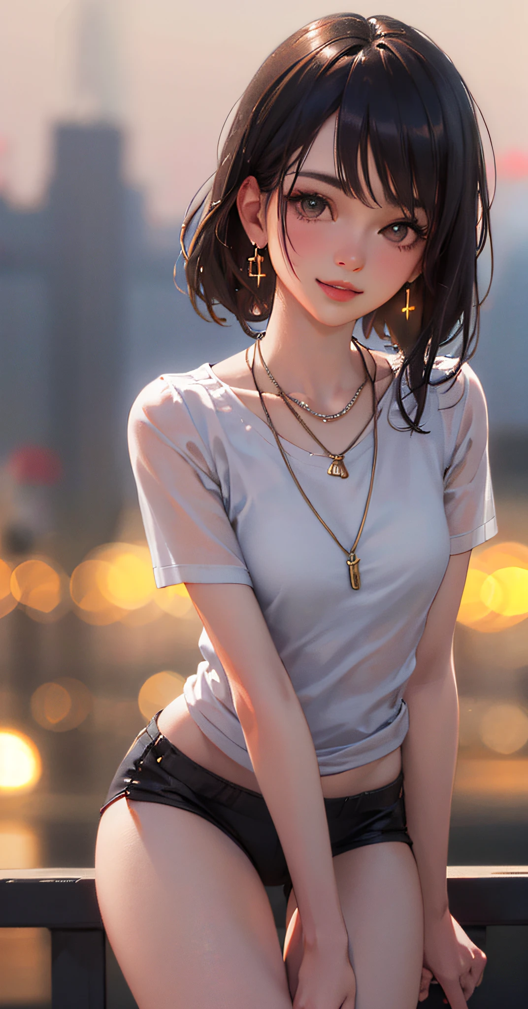 8k,(RAW photo),(best quality), (photo-realistic:1.4),realistic skin texture 1girl,Cute,Double eyelid,bangs,full body,petite,Thin leg,(Slender figure),slim,smile,headgear,earrings,necklace,looking at looking at viewer,face focus,depth of field,club ,(Bust Up Shot:1),Bokeh,,