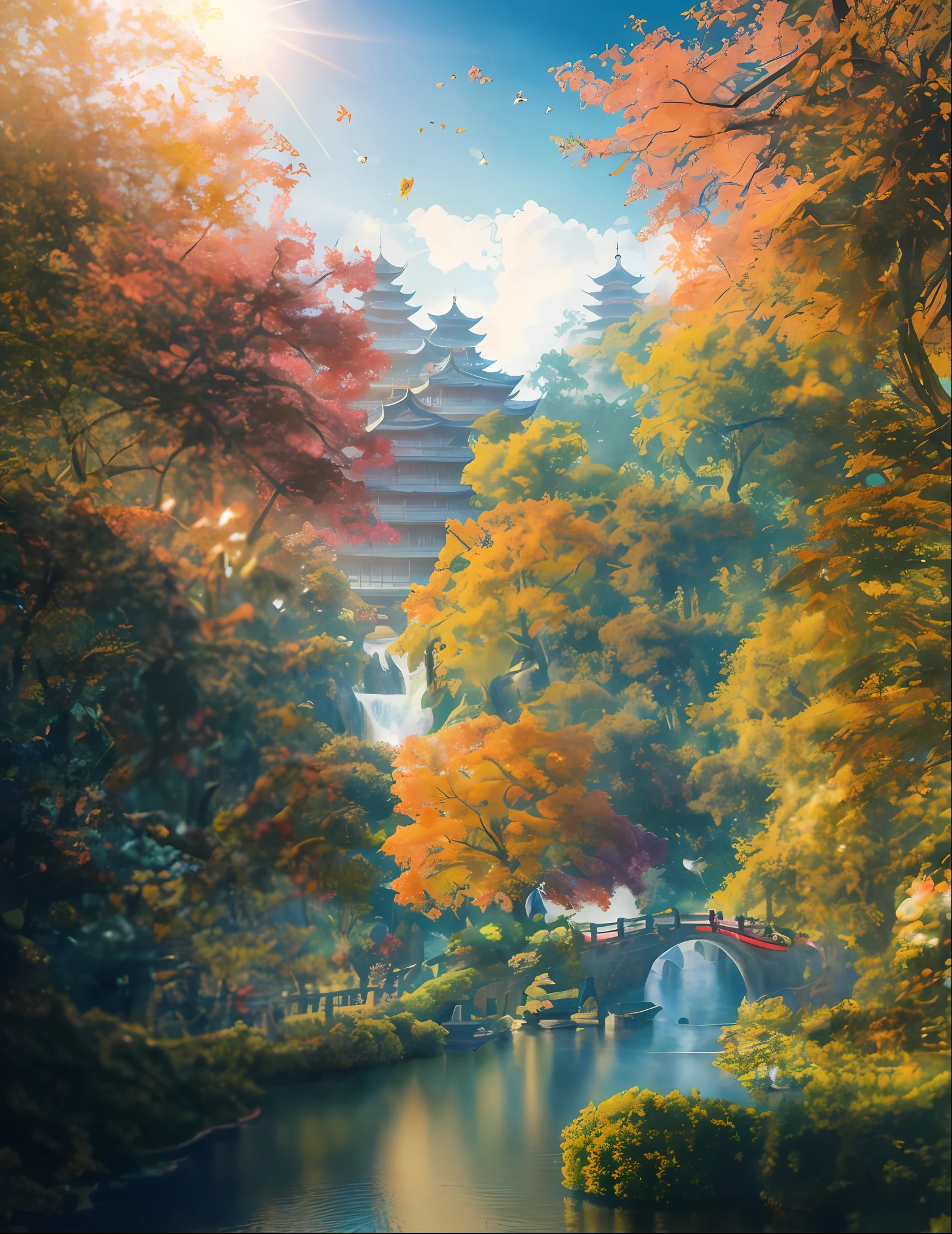 trees are in the foreground and a bridge in the background, digital painting of a pagoda, detailed painting 4 k, beautiful art uhd 4 k, beautiful digital artwork, 8k stunning artwork, beautiful digital painting, ross tran. scenic background, digital painting highly detailed, 8k high quality detailed art, 4k highly detailed digital art, by Yang J