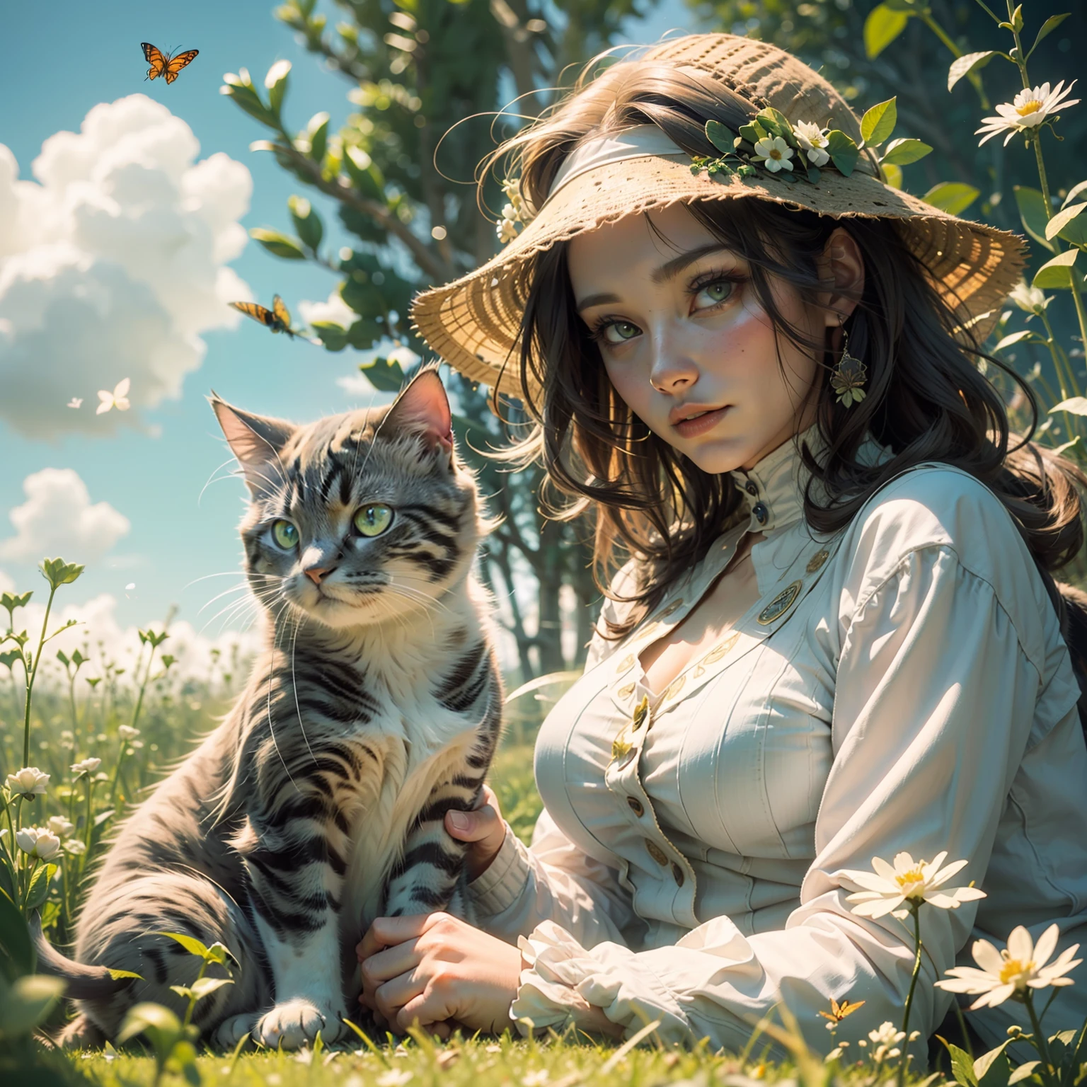 a cute adorable ((cat)) sitting in a field of clover watching a monarch (butterfly), kitten, springtime, by alphonse mucha and artgerm, unreal engine,(Highly Detailed, HD), high octane, 8k, high res, dramatic lighting, sharp focus, depth of field, masterpiece, best quality, 3d, photorealistic, high quality textures