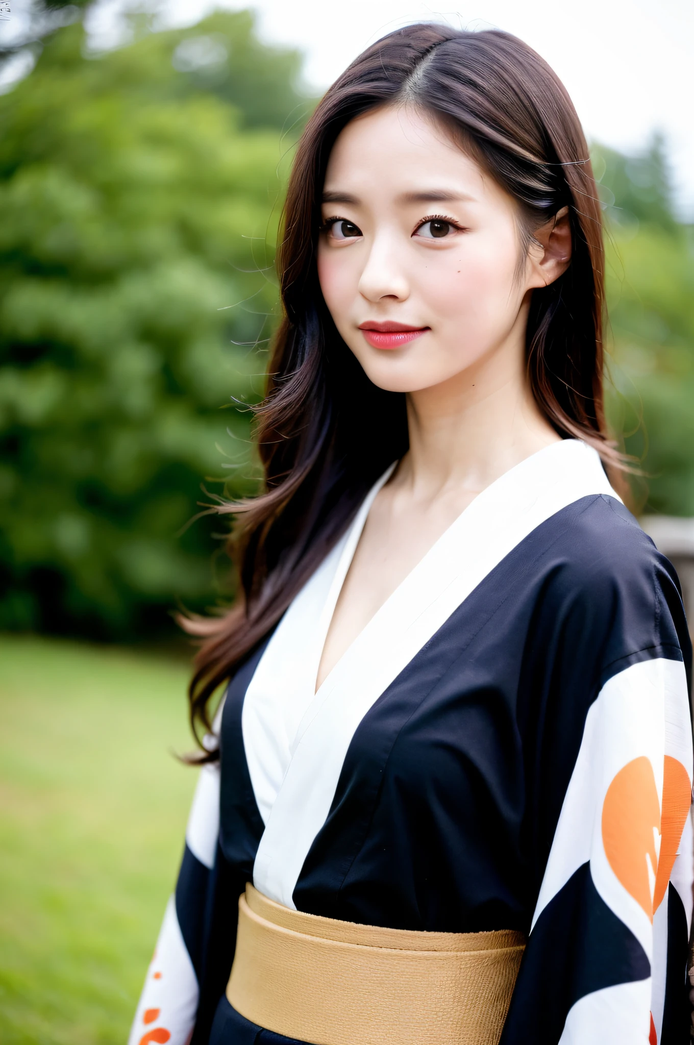 ((Top Quality, 8K, Masterpiece: 1.3)), Sharp Focus: 1.2, (Super Beautiful Face: 1.2), (Shiny Skin: 1.5), Realistic Photos, Black Hair, Realistic Pupils, Video Lighting, High Resolution Eyes and Face, Video Lighting, (Cowboy Shot: 1.3), (Kimono, Hakama, Obi: 1.4), (Korean Cute Actress), Traditional Kimono, Happiness, Watching the Audience, Frontal, Big