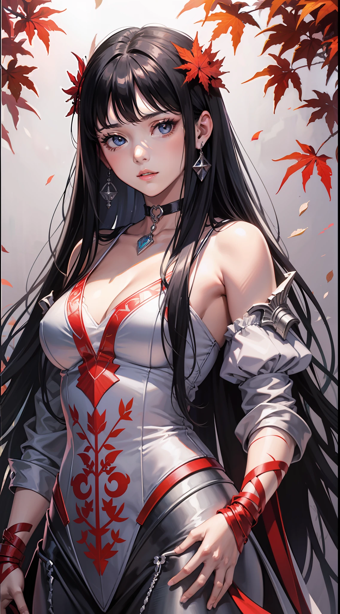 (illustration),extremely detailed,CG,cinematic effects,cinematic light,((colorful)),
1girl,solo,choker,flower,maple leaf,beautiful face,red theme,long hair,looking at viewer,parted lips,(silver armor),upper body,jewelry,black choker,black hair,bangs,monochrome,standing between vines,standing between leaves,cremeic effect,front,