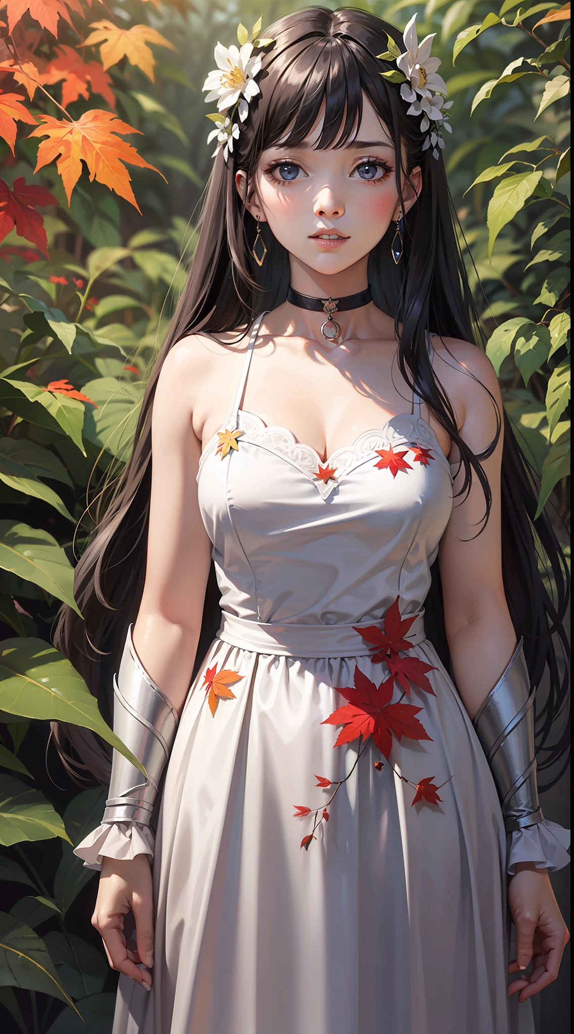(illustration),extremely detailed,CG,cinematic effects,cinematic light,((colorful)),
1girl,solo,choker,flower,maple leaf,beautiful face,red theme,long hair,looking at viewer,parted lips,(silver armor),upper body,jewelry,black choker,black hair,bangs,monochrome,standing between vines,standing between leaves,cremeic effect,front,