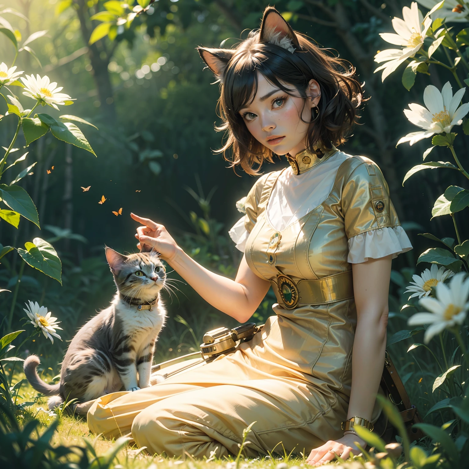 a cute adorable ((cat)) sitting in a field of clover watching a monarch (butterfly), kitten, springtime, by alphonse mucha and artgerm, unreal engine,(Highly Detailed, HD), high octane, 8k, high res, dramatic lighting, sharp focus, depth of field, masterpiece, best quality, 3d, photorealistic, high quality textures