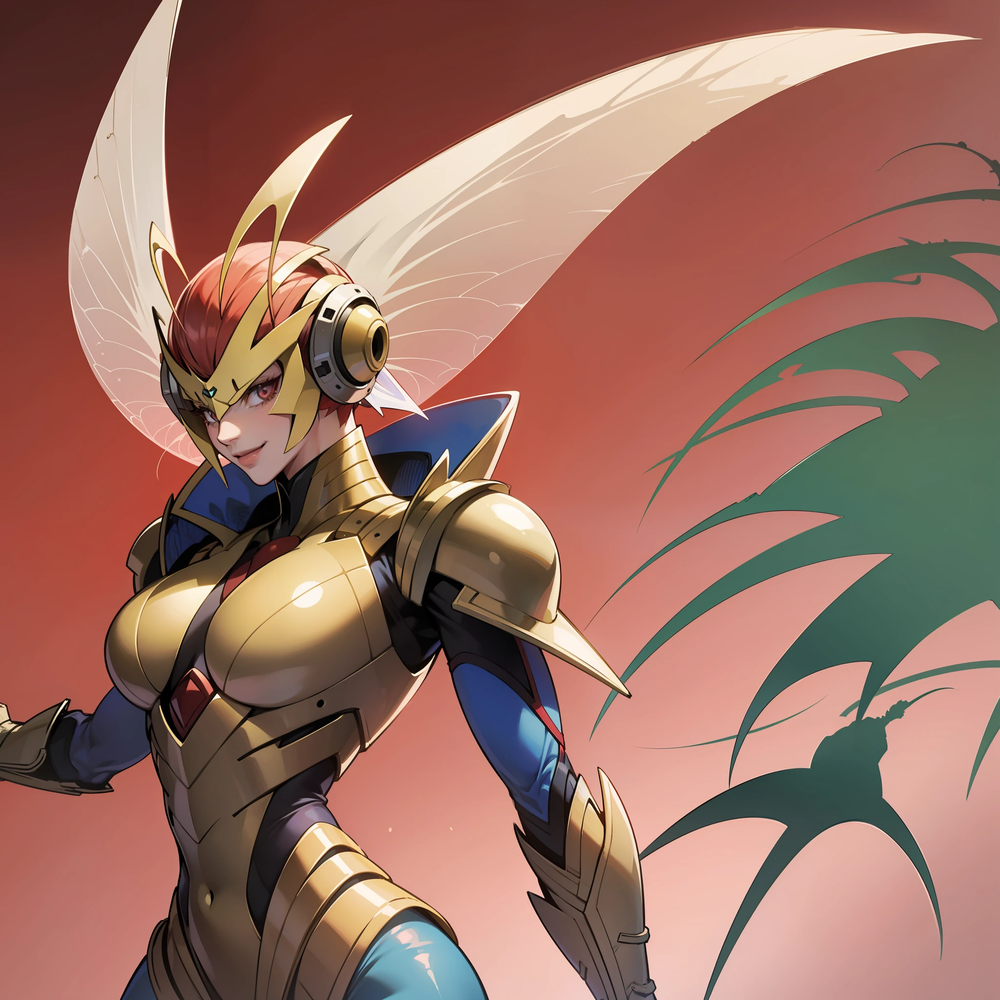 Hot insect crustacean woman, Guyver style, evil smile, scaraber reploid, bellows tail, cel shade adult animation, alien queen,