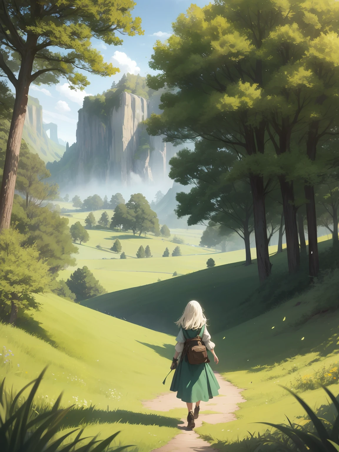 In a green meadow stands a girl leading a group of knights.
BREAK
With a brave expression, she guides them towards their destination.
BREAK
Behind her, a green forest stretches out and beyond that, mountains rise in the distance.
BREAK
The most suitable effect for this scene would be a watercolor painting technique to capture the softness of the meadow and the fluidity of the movement.