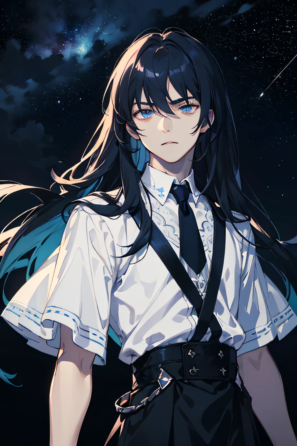 Masterpiece, best quality, ager, male, long dark blue hair, straight hair, flush bangs, white skin, indifferent expression, intricate details, black skirt, delicate princess dress, dark night, starry sky, stars, black, blue, black background