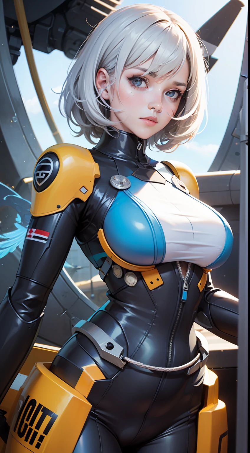 Realistic,flying machine,mecha,cable,plane,solo,1 girl,a Mecha Wasp plane,piloted by 1 female pilot. The plane has a detailed mechanical structure,clear mechanical wings,glowing wings,glow,Blue flame,yellow and white mechs,The characters are all in the cockpit,high quality,realistic,high resolution,using Unreal Engine,3D rendering,Zbrush,science fiction,robots,flying in caves,ready to reveal the true colors of ZergGirl,beautiful,dressed,many details,((Short white hair)),((Future), scars on my face, disfigured face, scars above my eyebrow, girl, (((Wave hair)), HD, more details, beauty is in the details, (((Pilot clothes)), (pilot girl),