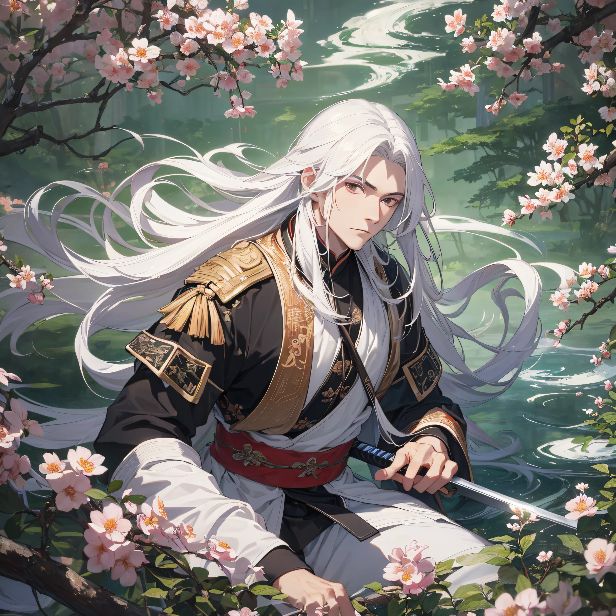 Absurd resolution, high resolution, (masterpiece: 1.4), hyperdetail, ancient Chinese, garden, white long-haired young man (1.3), Li Bai, white flowing costume, sword, writing.