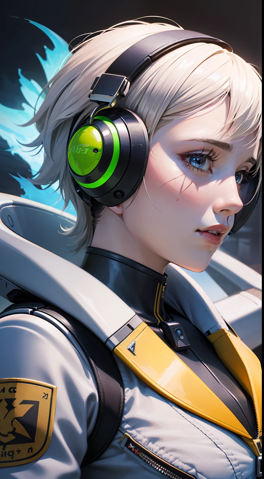 Realistic,flying machine,mecha,cable,plane,solo,1 girl,a Mecha Wasp plane,piloted by 1 female pilot. The plane has a detailed mechanical structure,clear mechanical wings,glowing wings,glow,Blue flame,yellow and white mechs,The characters are all in the cockpit,high quality,realistic,high resolution,using Unreal Engine,3D rendering,Zbrush,science fiction,robots,flying in caves,ready to reveal the true colors of ZergGirl,beautiful,dressed,many details,((Short white hair)),((Future), scars on my face, disfigured face, scars above my eyebrow, girl, (((Wave hair)), HD, more details, beauty is in the details, (((Pilot clothes)), (pilot girl),