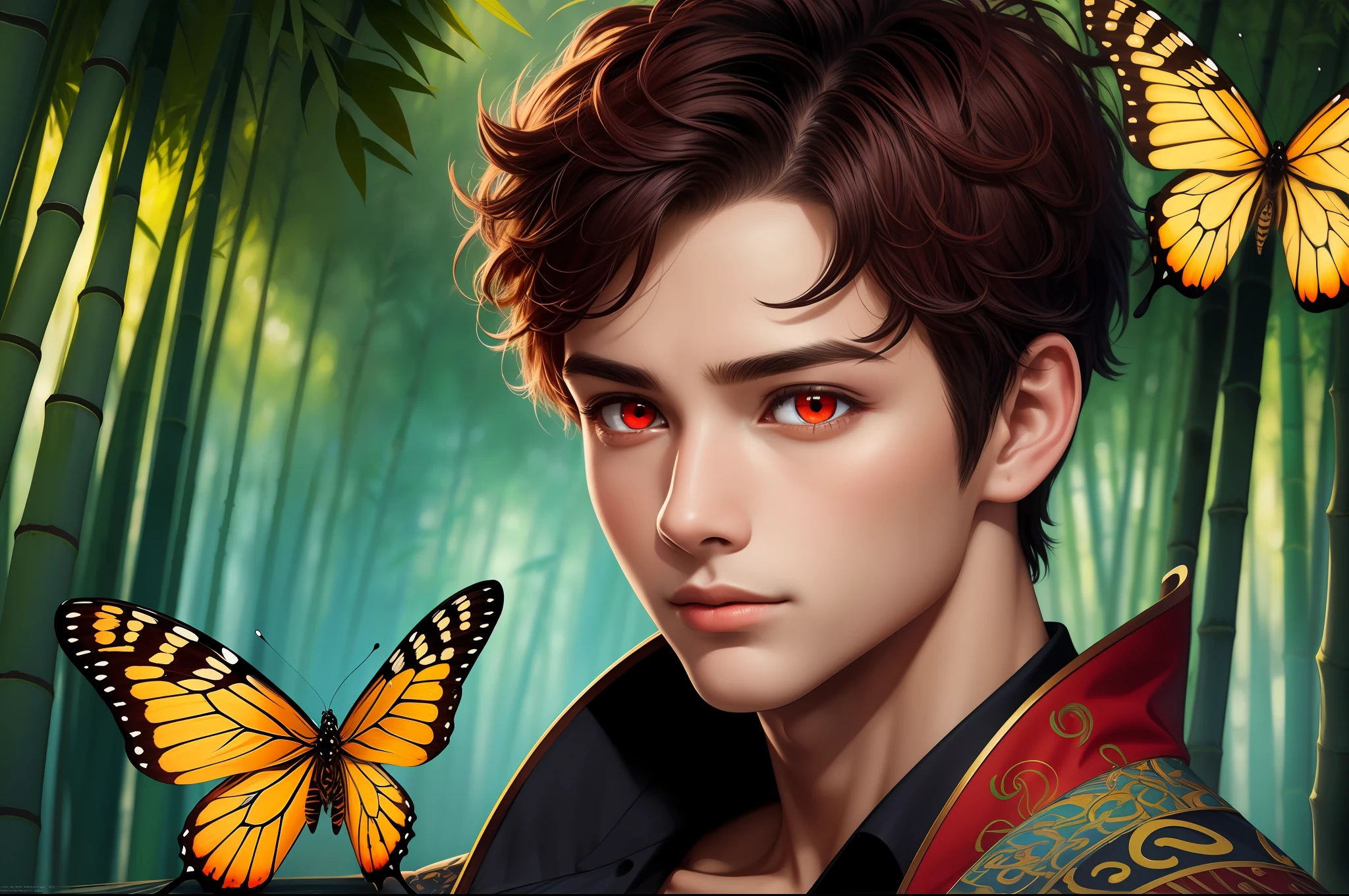 Realistic, (Masterpiece, Top Quality, Best Quality, Official Art, Beauty and Aesthetics: 1.2), Very Detailed, Fractal Art, Colorful, Most Detailed, Zentangle, (Abstract Background: 1.5) (1boy: 1.3), God, Short Hair, (Glowing Red Eyes), Mysterious, (Magic), Handsome Man, Bamboo Forest, Butterfly