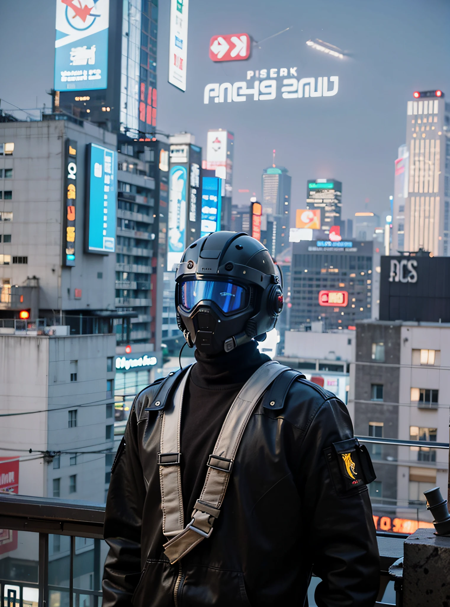 Arafeld man in red helmet and black goggles standing on windowsill overlooking the city, surreal cyberpunk style, cyberpunk helmet, silent cyberpunk style, master chief in cyberpunk city, cyberpunk tech costume, in cyberpunk city, cyberpunk aesthetic, in front of sci-fi cityscape, surreal cyberpunk city, in cyberpunk aesthetic, with cyberpunk style