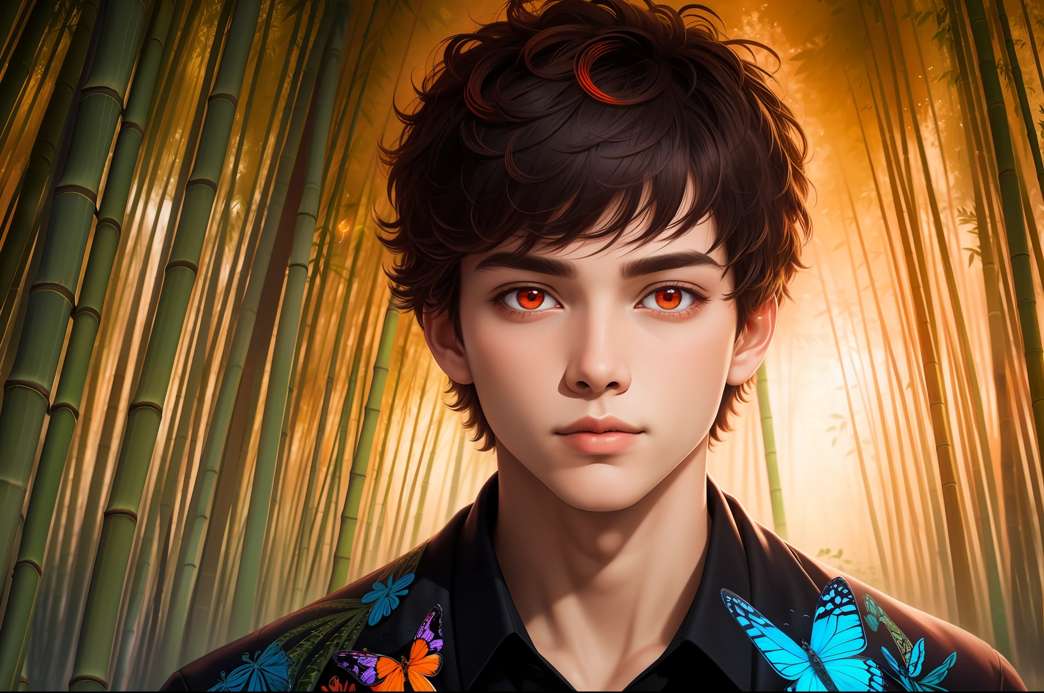 Realistic, (Masterpiece, Top Quality, Best Quality, Official Art, Beauty and Aesthetics: 1.2), Very Detailed, Fractal Art, Colorful, Most Detailed, Zentangle, (Abstract Background: 1.5) (1boy: 1.3), God, Short Hair, (Glowing Red Eyes), Mysterious, (Magic), Handsome Man, Bamboo Forest, Butterfly