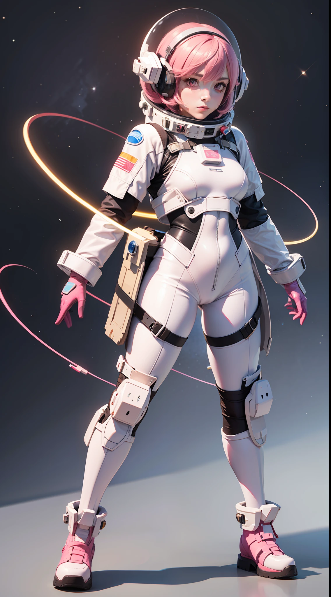(Masterpiece:1.3),(the best quality:1.3),3D,8K,.1girl, solo, pink hair, pink eyes, helmet, full body, spacesuit, bodysuit, gloves, standing, Space background,