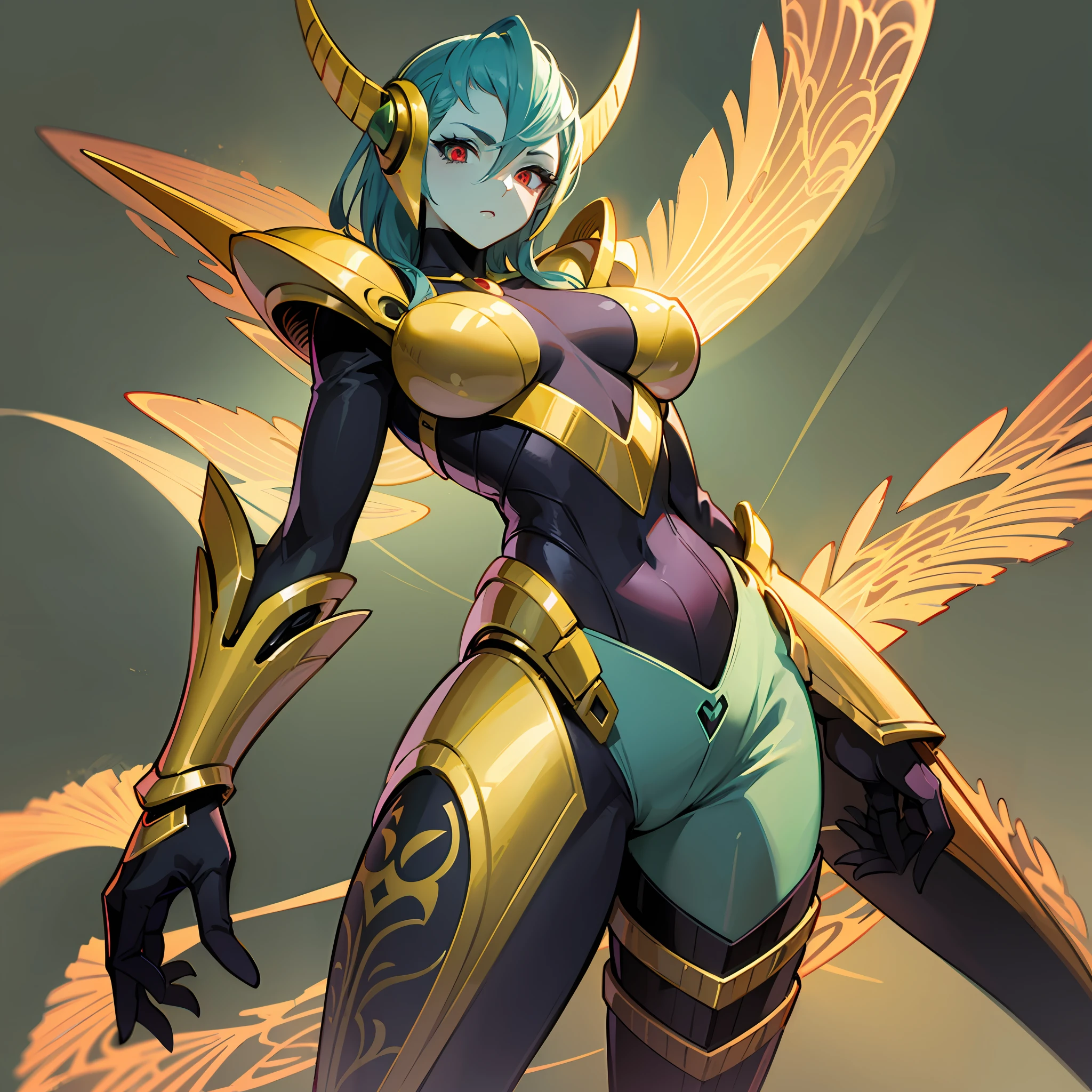 Cartoon photo of woman in green and yellow costume, hot insect humanoid woman, Guyver style, SFW version, red eye, scaraber reploid, bellows tail, cel shade adult animation, alien queen, serpentine pose,