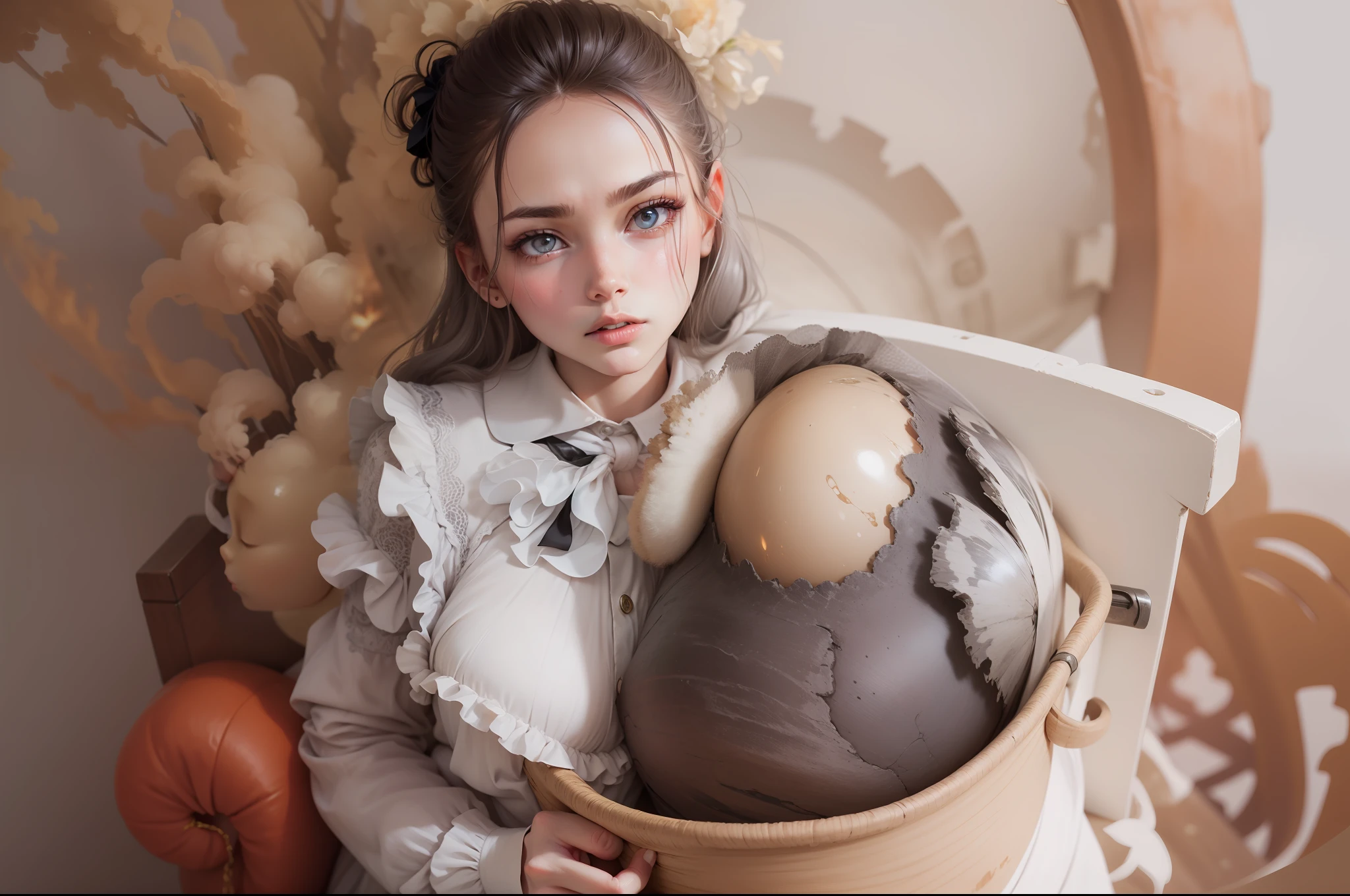 masterpiece,best quality, illustration,{beautiful detailed girl},beautiful detailed glow,(flames of war:1.2),(nuclear explosion behide:1.3),rain,detailed lighting,detailed water,(beautiful detailed eyes:1.1),expressionless,palace,azure hair,disheveled hair,long bangs,hairs between eyes,(whitegrey dress:1.1),black ribbon,white bowties,midriff,big forhead,blank stare,flower,long sleeves