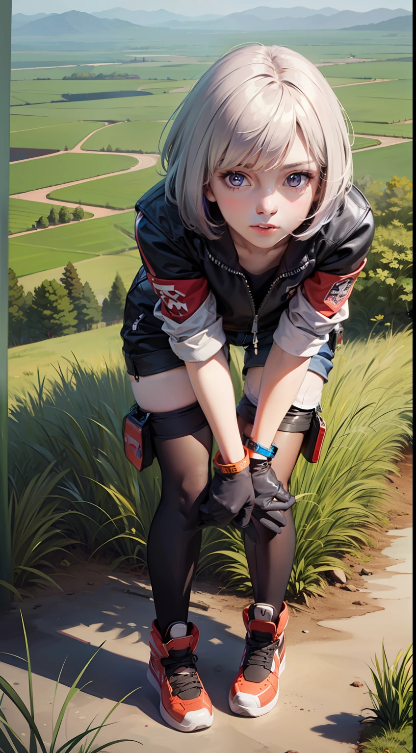 (original), (masterpiece) , (best quality), (reality),photorealistic, Octane rendering, (surreal:1.1), perfect features,1 girl, colorful,translucent hair, (glowing inner hair),the perfect appearance,([purple eyes | red eyes]:1.15),colorful hair,bob cut,(Leather shorts),(Bomber Jacket:1.25),(Mechanical shoes),(bent over:1.4),(from above:1.25),looking at viewer,(cowboy shot:1.45),(grassland:1.25),crop top,(hand on hip:1.2)
