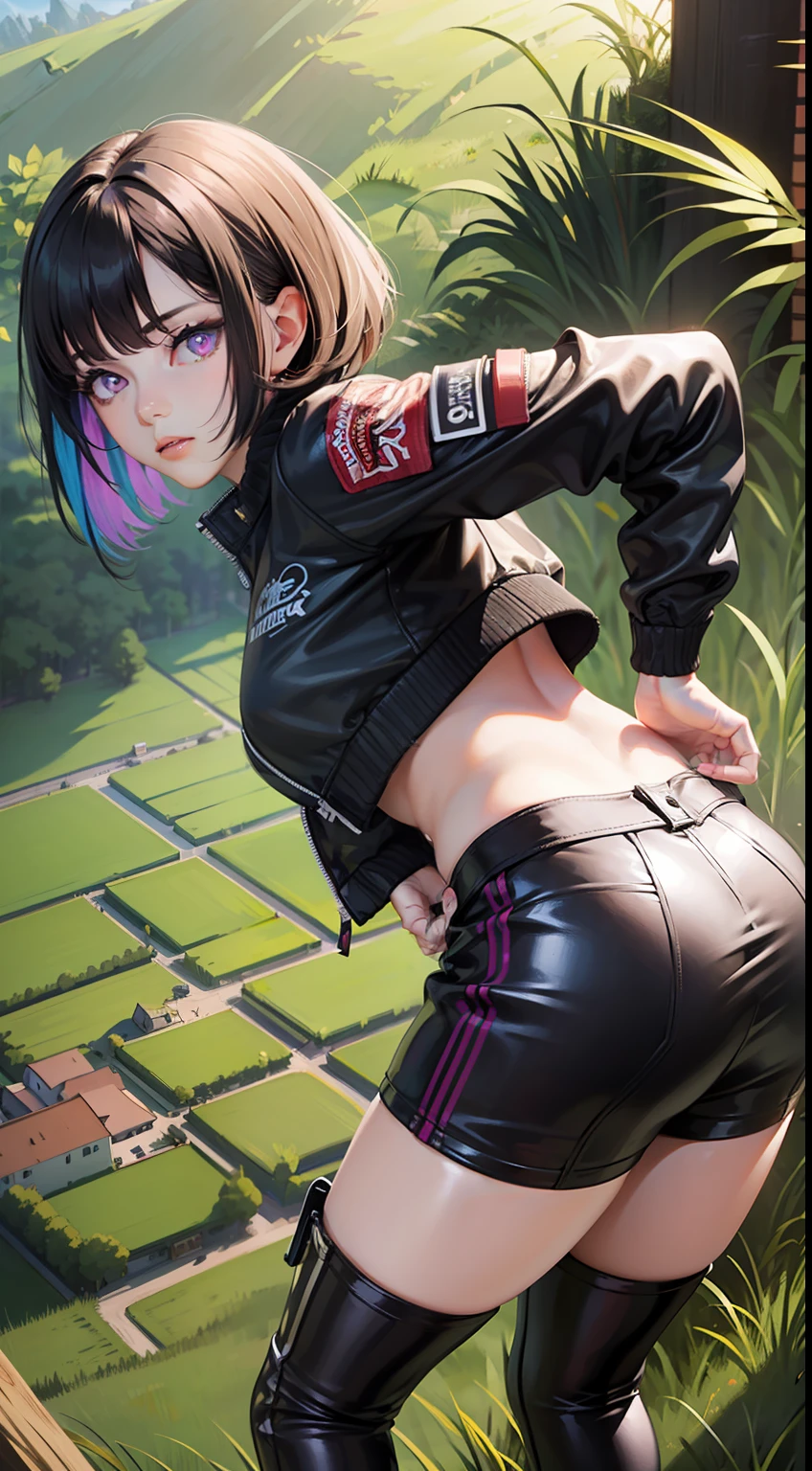 (original), (masterpiece) , (best quality), (reality),photorealistic, Octane rendering, (surreal:1.1), perfect features,1 girl, colorful,translucent hair, (glowing inner hair),the perfect appearance,([purple eyes | red eyes]:1.15),colorful hair,bob cut,(Leather shorts),(Bomber Jacket:1.25),(Mechanical shoes),(bent over:1.4),(from above:1.25),looking at viewer,(cowboy shot:1.45),(grassland:1.25),crop top,(hand on hip:1.2)