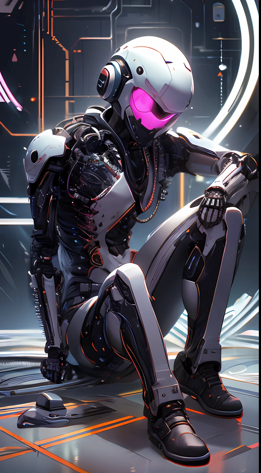 Full Body, Masterpiece, Best Illustration, Solo, 1 robot, sitting, sitting in front of the instrument, Mechanical mask, Mechanical skeleton arm, Hologram with pipes inserted behind him, Futuristic holographic glasses, Pink helmet, Bluetooth headset, Instrument Unit, LCD screen, Cyberpunk, Color detail, Rainbow BREAK, ((Best quality masterpiece)), 4K, Super detail, Detailed lighting