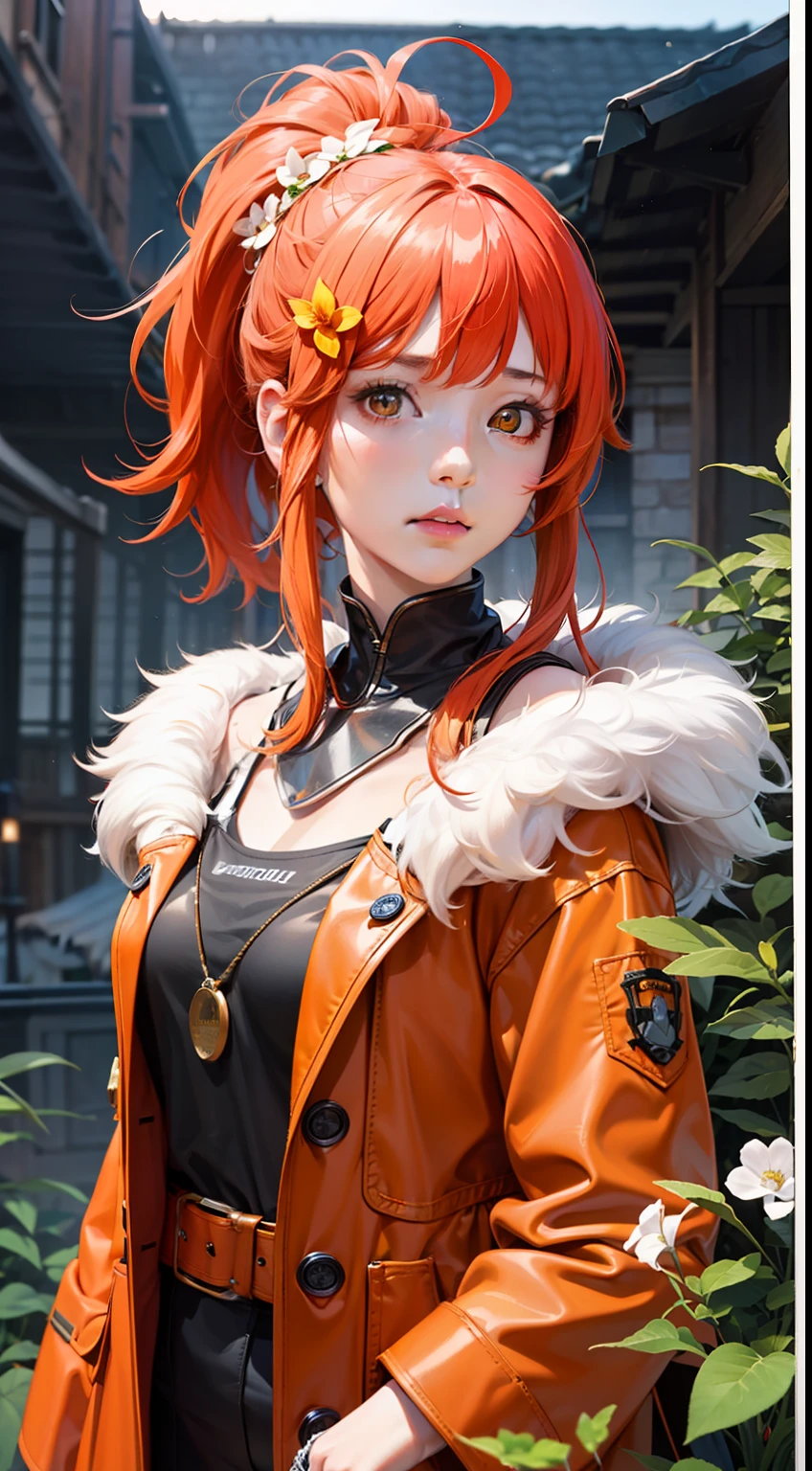 (original), (masterpiece) , (best quality), (reality),photorealistic, Octane rendering, (surreal:1.1), perfect features,1 girl, colorful,translucent hair, (glowing inner hair),the perfect appearance,ahoge,red hair,orange eyes,(red Fur coat:1.2),rural,(dusk),standing,high Ponytail,light,confident,flower hair ornament,looking at viewer