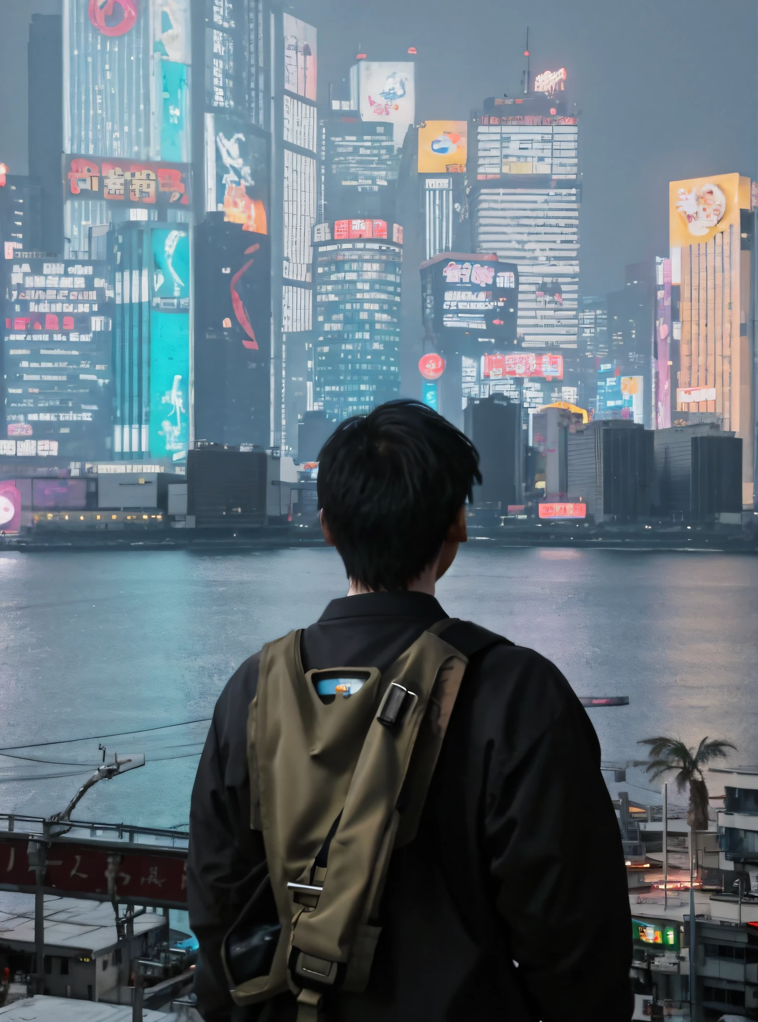 8K, best quality, ultra high definition, extreme detail, there is a man standing in front of a body of water, (wearing a mechanical suit), in front of a sci-fi cityscape, Makoto Shinkai. Octane rendering, cyberpunk Hiroshima, Tokyo futuristic in background, stills of Kowloon, in cyberpunk city, inspired by Liam Wong, neon megacity in background, changing carbon fiber style, neon city in background, in futuristic cyberpunk city