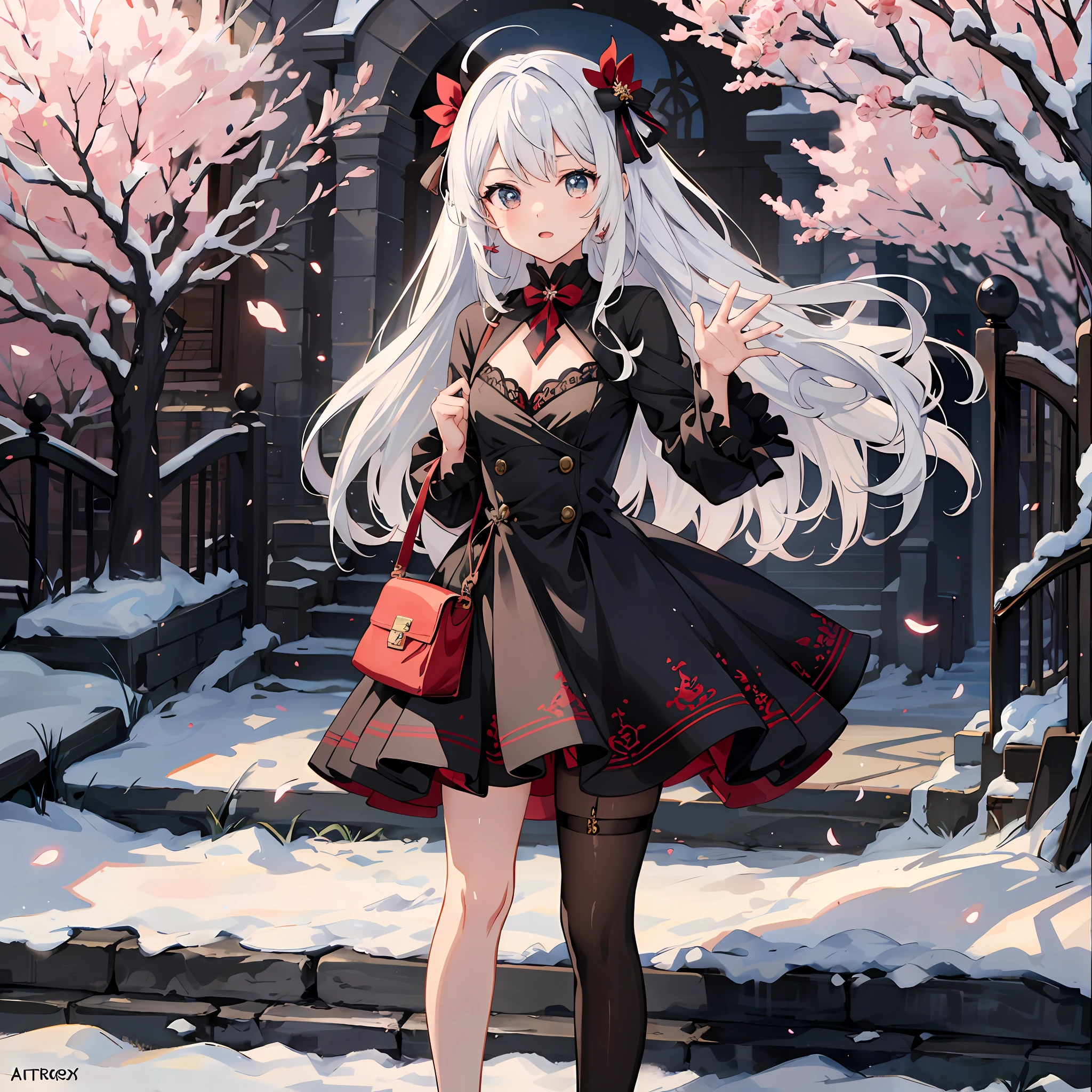anime girl in a black dress and red shoes standing in front of a building, cute anime waifu in a nice dress, perfect white haired girl, in dress, anime girl wearing a black dress, beautiful anime girl, trending on artstation pixiv, white haired deity, small curvy loliime style 4 k, pretty anime girl, young anime girl