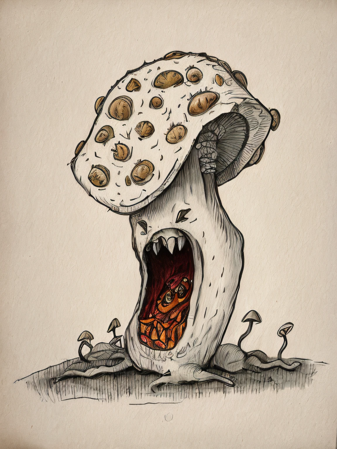 drawing of a mushroom with a mouth wide open and eyes wide open, nuclear mushroom, trippy mushroom, mushroom, fungal god, an alien mushroom with tentacles, magic mushroom, dark mushroom, a disembodied head screaming, 【 sciart 💙💜 mson, hand drawn illustration, drawn on paper, (inktober), nightmarish illustration, in a wild mushroom fountain