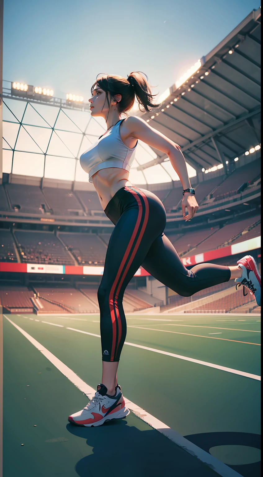 Dramatic lighting, masterpiece, detailedeyes, Bestquality, ultrahighres, deepshadow, Outdoor, Yoga pants, Sportswear, 1girl, Sneakers, Runway, perspiration, Stadium, Run, cinematic lighting, cowboy shot, UHD, ccurate, super detail, award winning, 8k, HD, retina