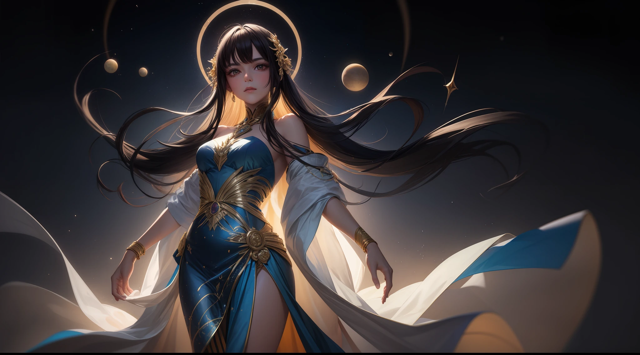 An ethereal portrait of a celestial being, adorned in a gown woven from celestial bodies, emanating a radiant glow against a cosmic backdrop.