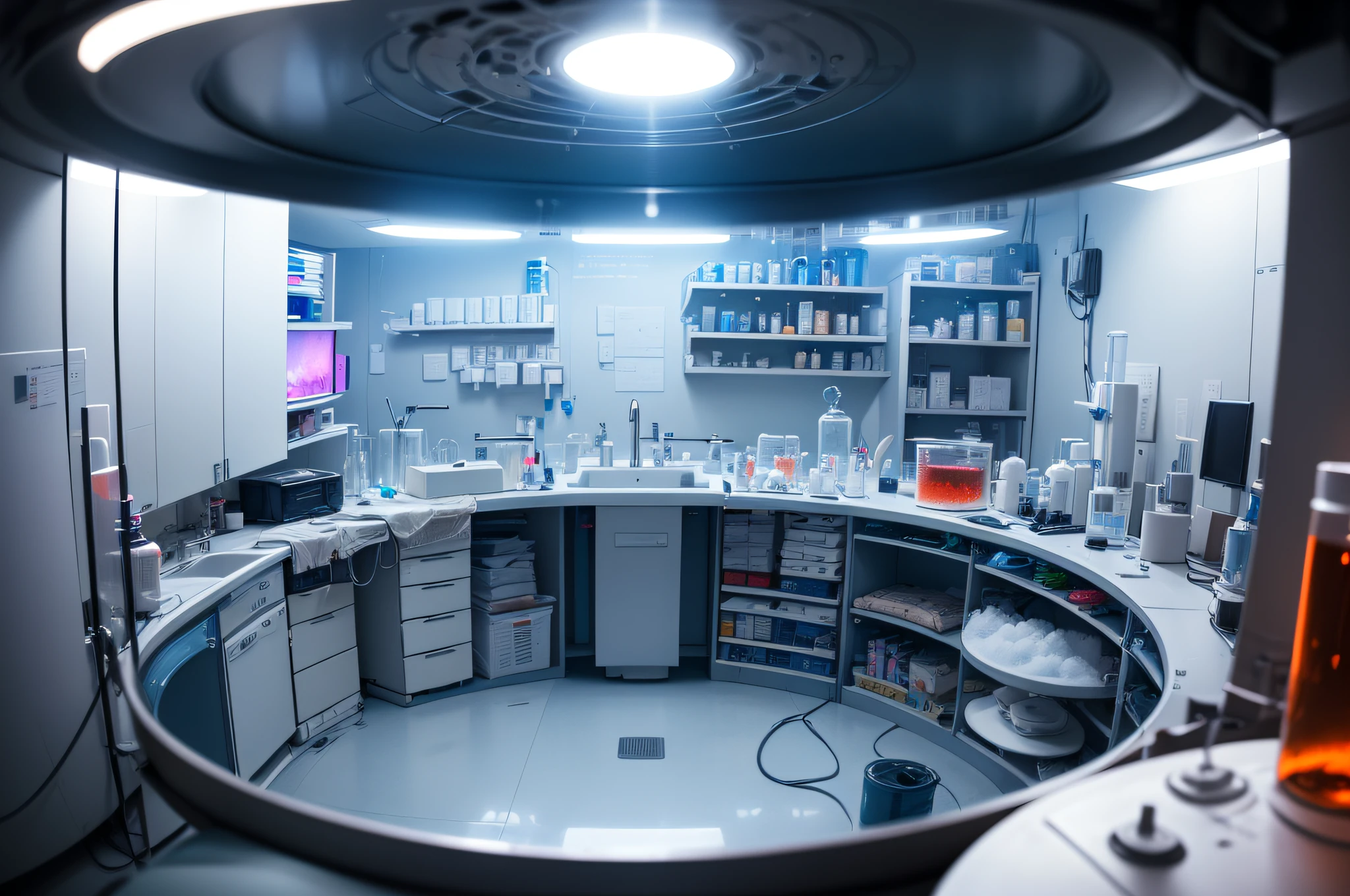 ((photo)), ((best quality)), ((masterpiece)), ((detailed)), a science laboratory with medical equipment and bright white medical lighting, looking down into a round embryo storage freezer with hundreds of glowing neon red vials covered in liquid nitrogen vapor or mist.